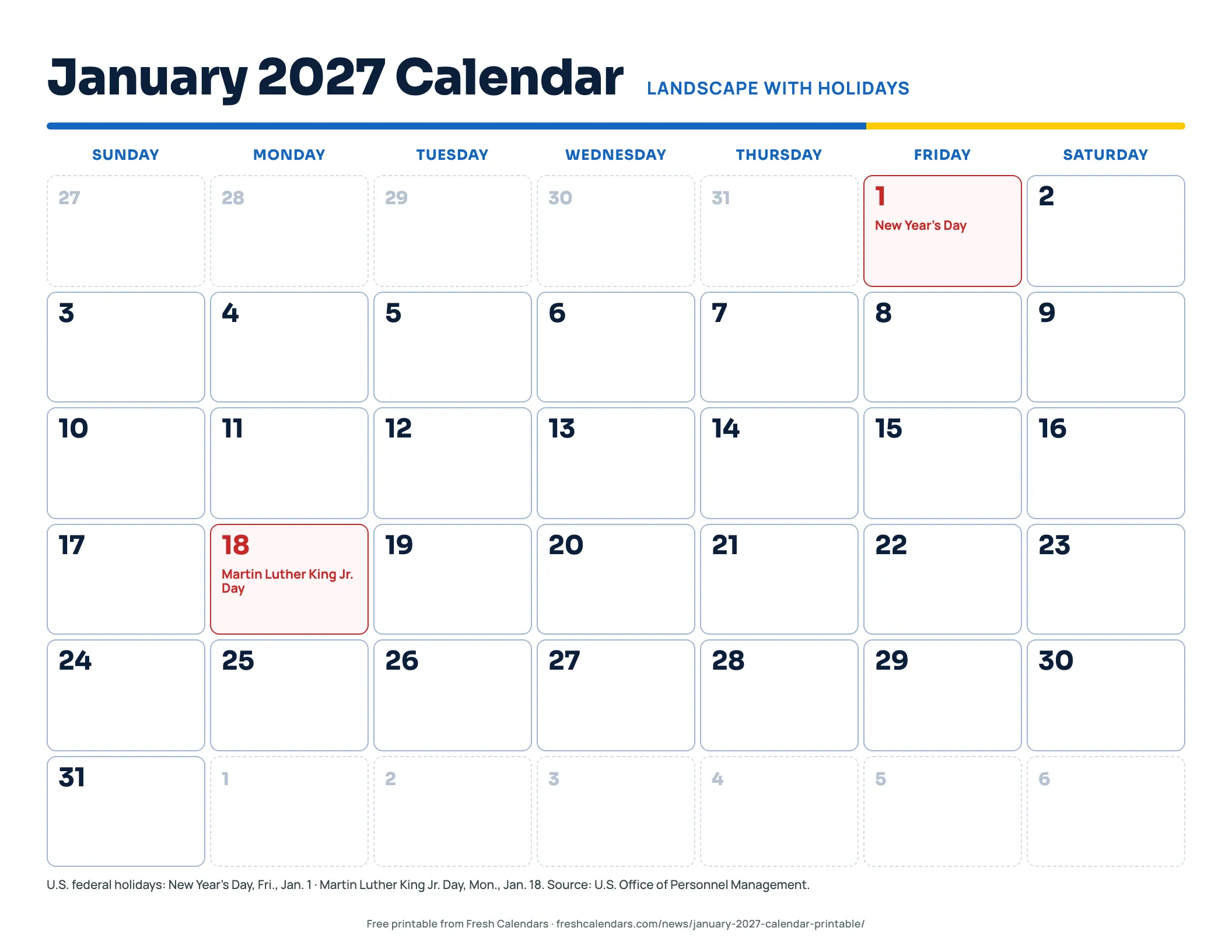 January 2027 Calendar, Landscape With Holidays January 2027 calendar landscape printable with large rounded date boxes and federal holidays marked in red