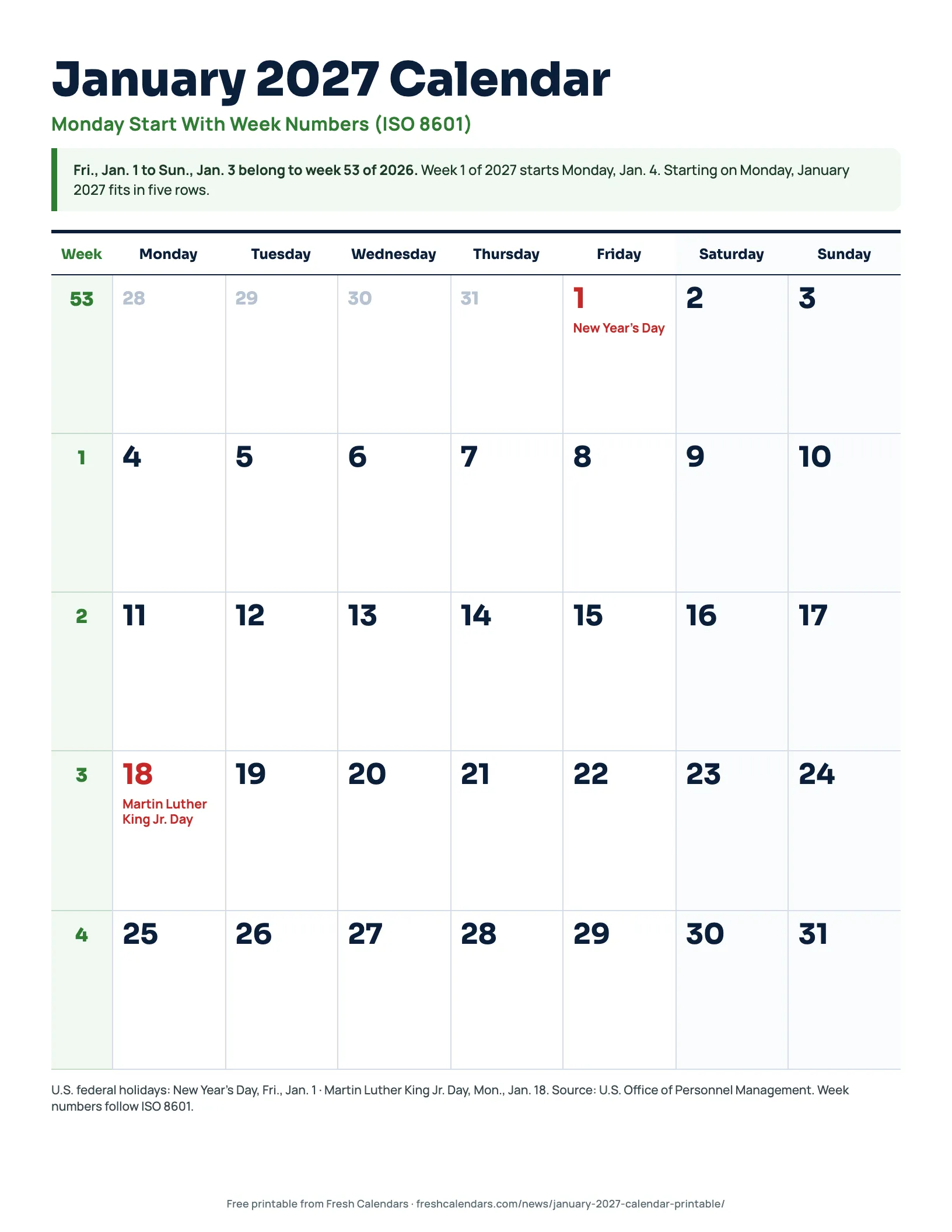 January 2027 Calendar, Monday Start With Week Numbers January 2027 calendar Monday start with ISO week numbers 53, 1, 2, 3 and 4 in a green column