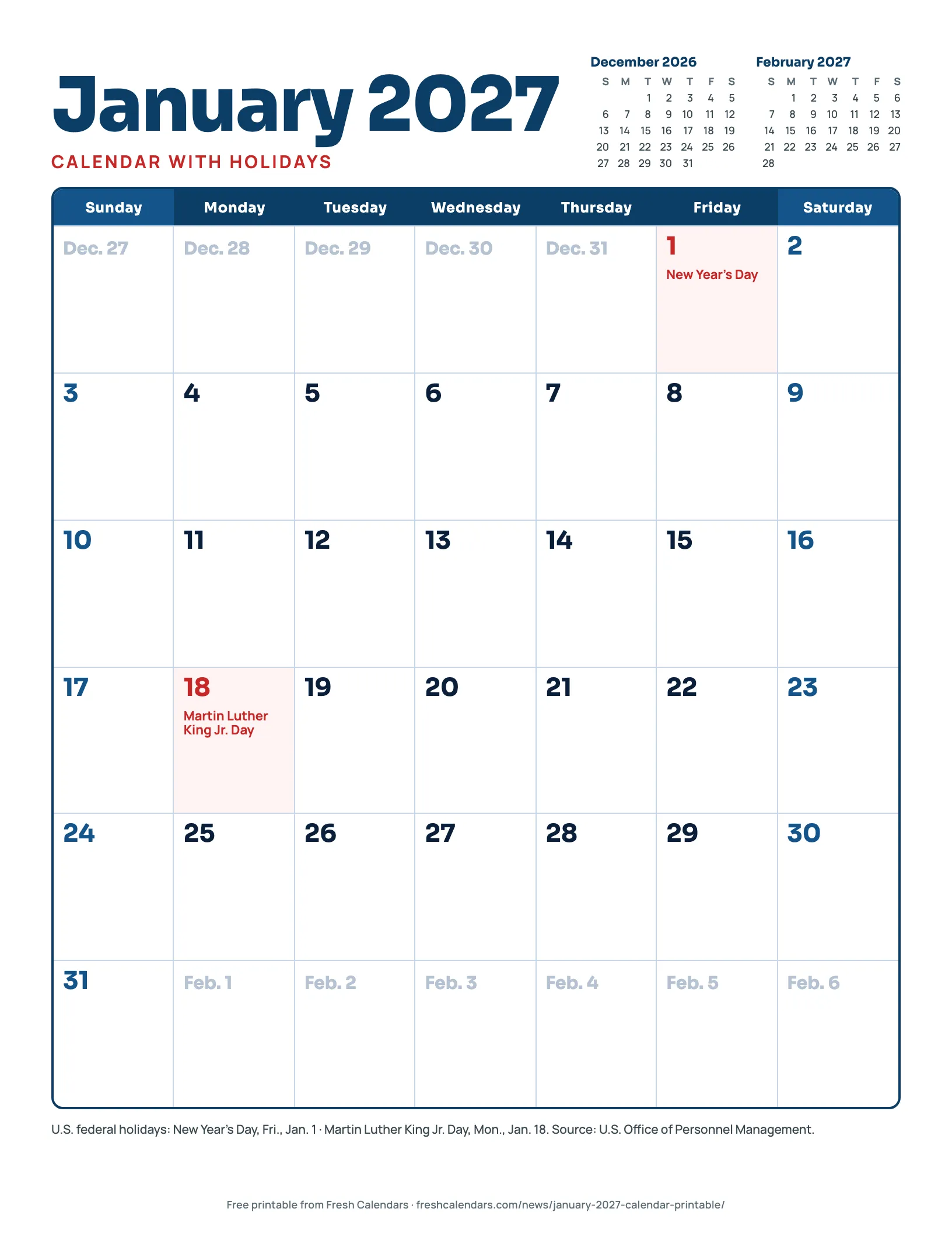 January 2027 Calendar With Holidays January 2027 calendar printable with holidays, Sunday start, New Year's Day Jan. 1 and Martin Luther King Jr. Day Jan. 18 in red