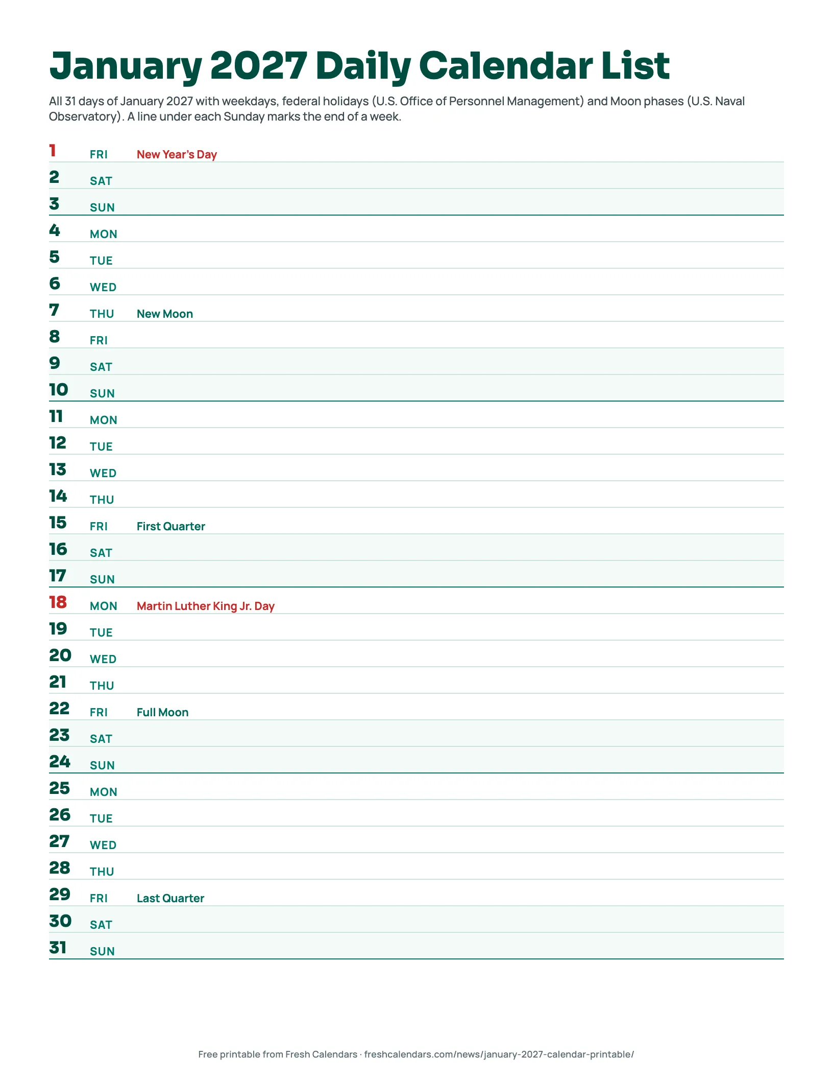 January 2027 Daily Calendar List January 2027 daily calendar list printable with one line for each of the 31 days