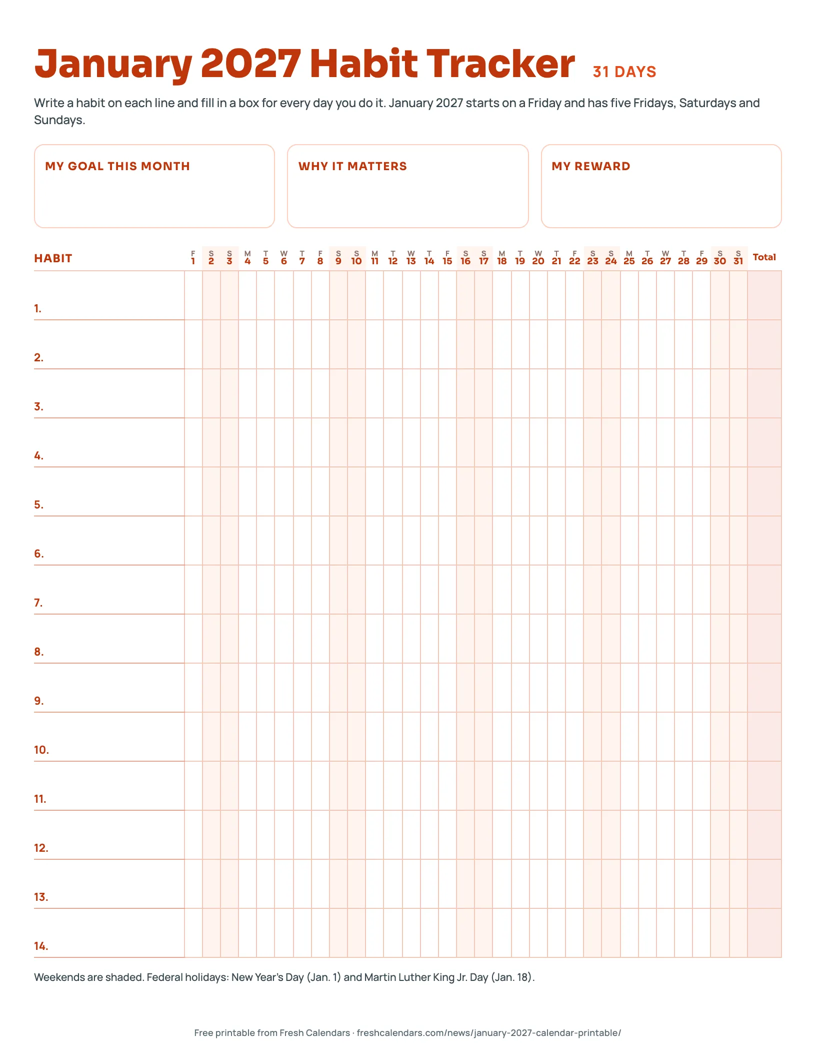 January 2027 Habit Tracker January 2027 habit tracker printable with 14 habit rows and 31 day columns