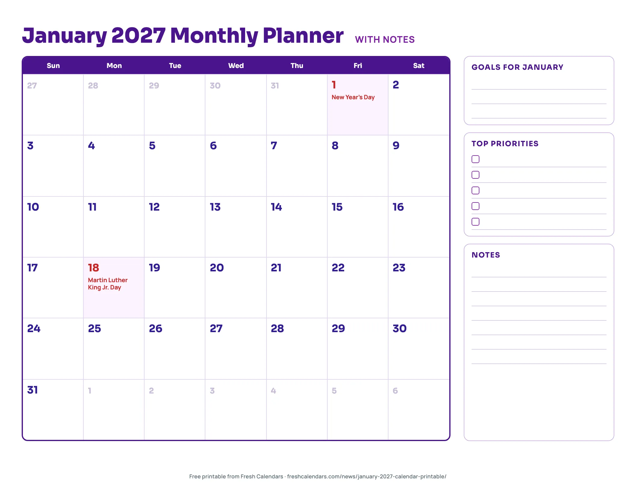 January 2027 Monthly Planner With Notes January 2027 monthly planner printable with calendar grid, goals, top priorities checkboxes and notes lines