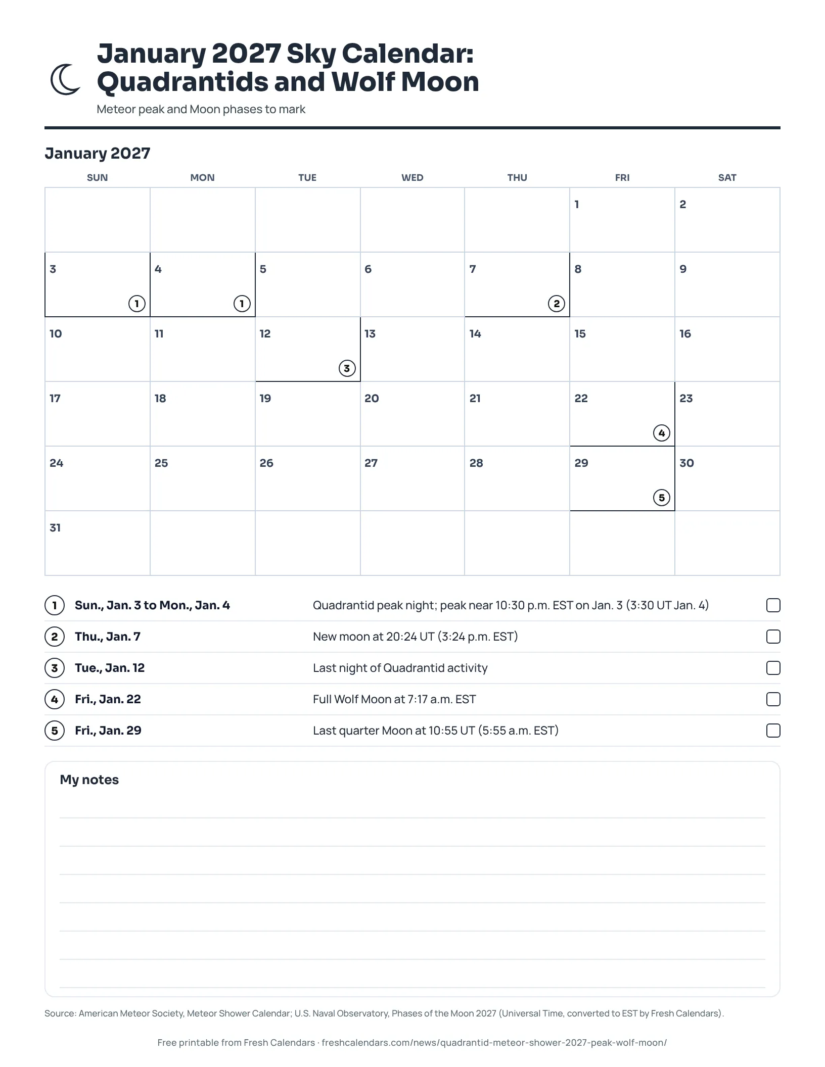 Printable January 2027 calendar marking the Quadrantid peak, new moon, Wolf Moon and last quarter, ink-saver version