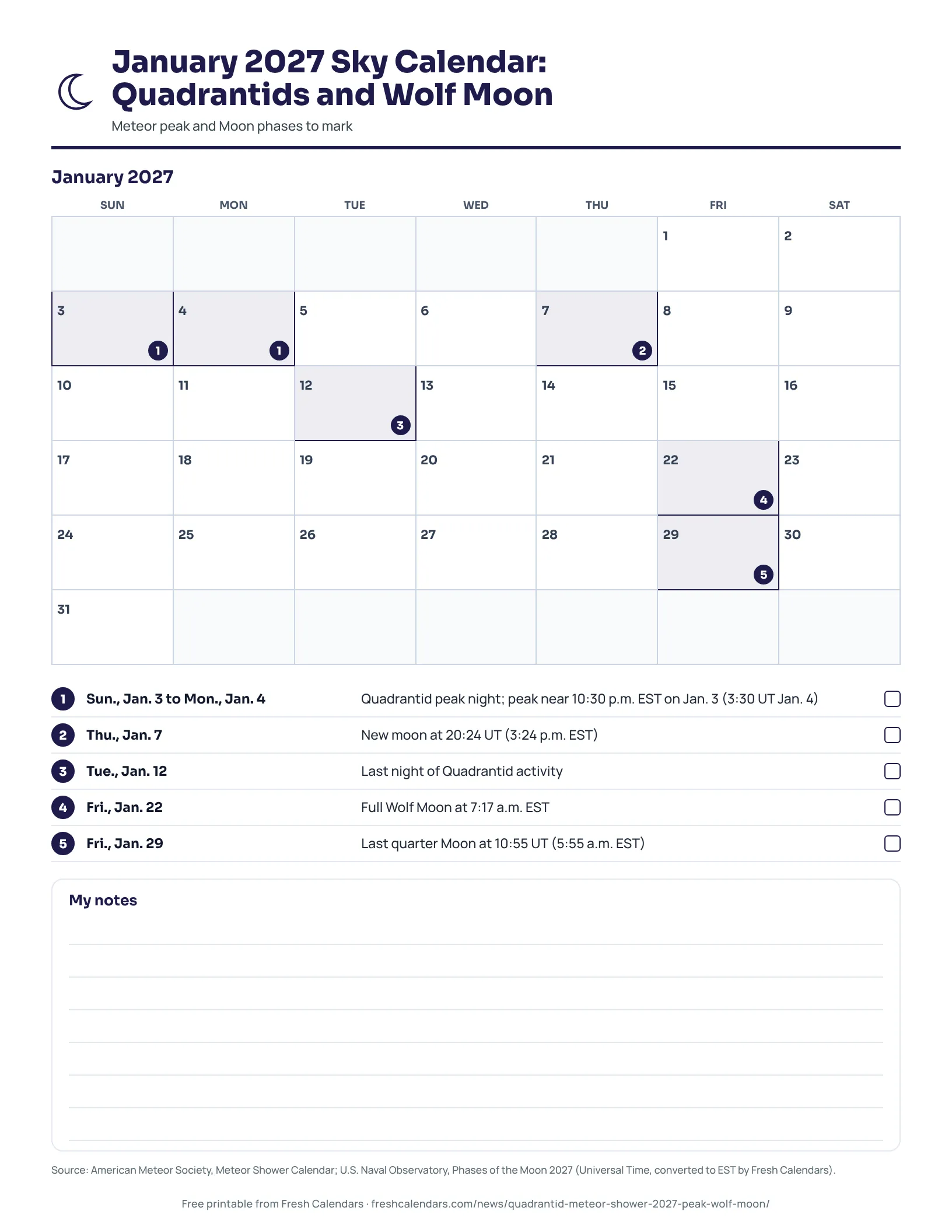 Printable January 2027 calendar marking the Quadrantid peak, new moon, Wolf Moon and last quarter