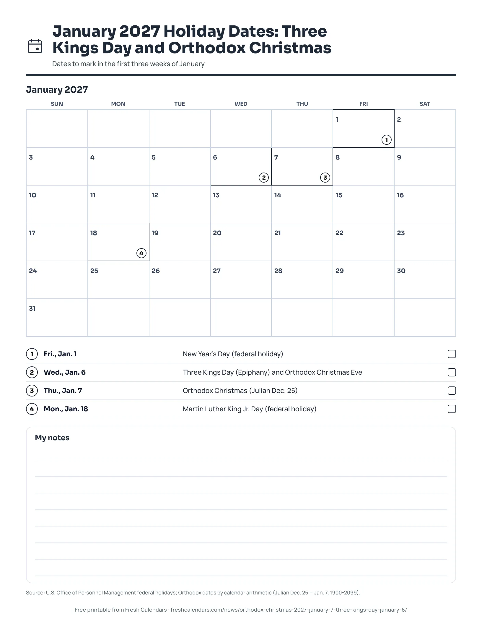January 2027 calendar with Three Kings Day on Jan. 6 and Orthodox Christmas on Jan. 7 marked, ink-saver version