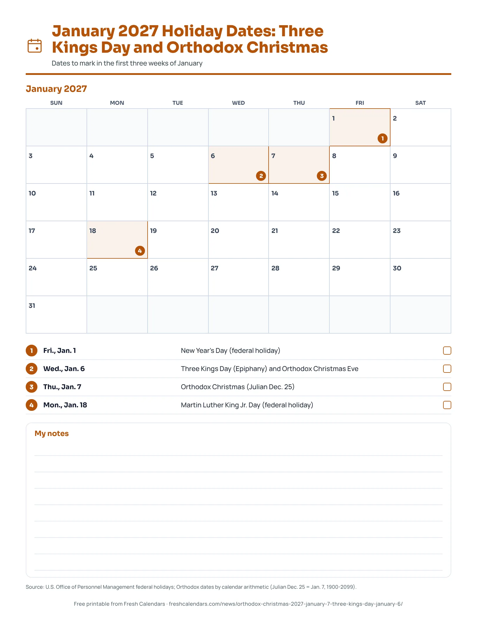 January 2027 calendar with Three Kings Day on Jan. 6 and Orthodox Christmas on Jan. 7 marked