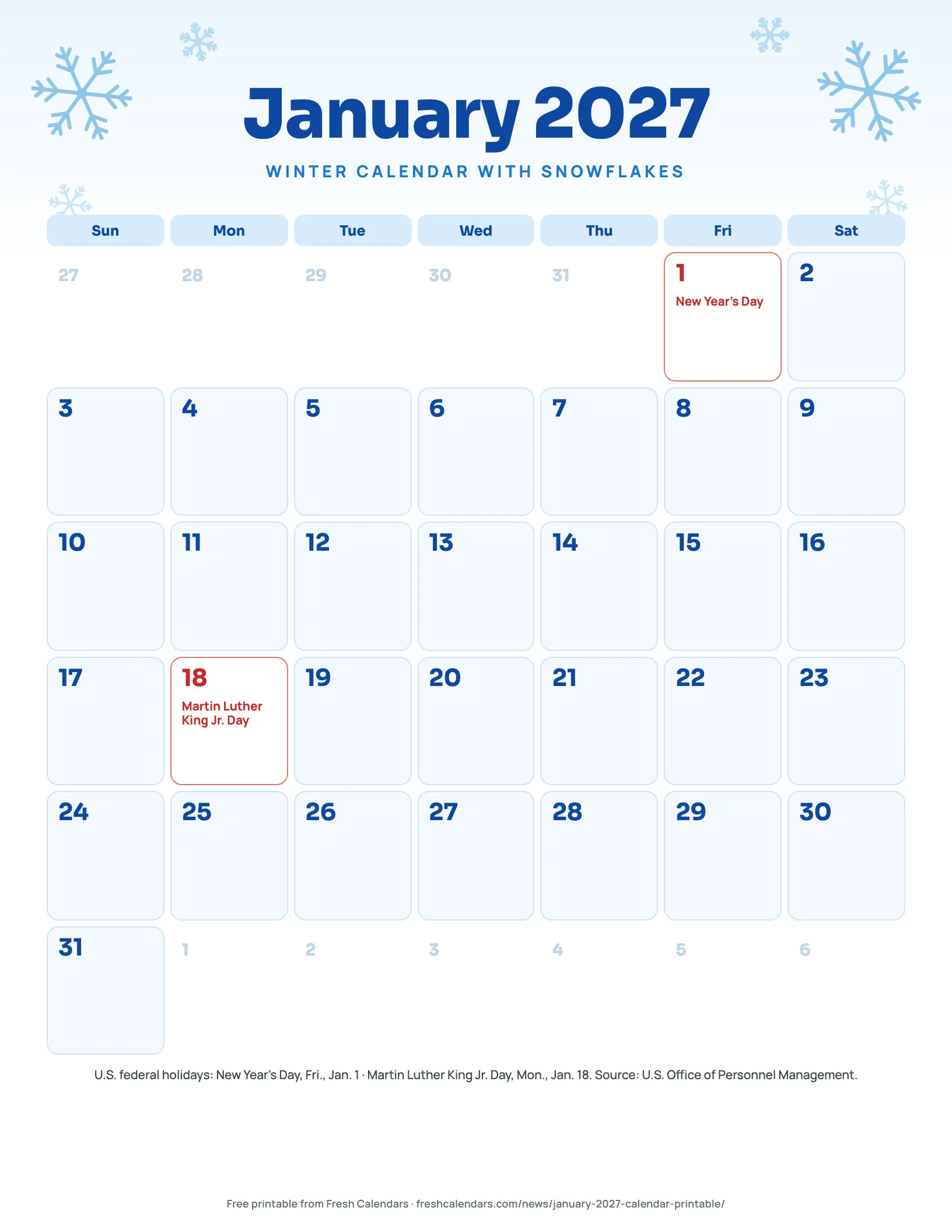 January 2027 Winter Calendar With Snowflakes January 2027 winter calendar printable with drawn snowflakes and ice-blue date boxes