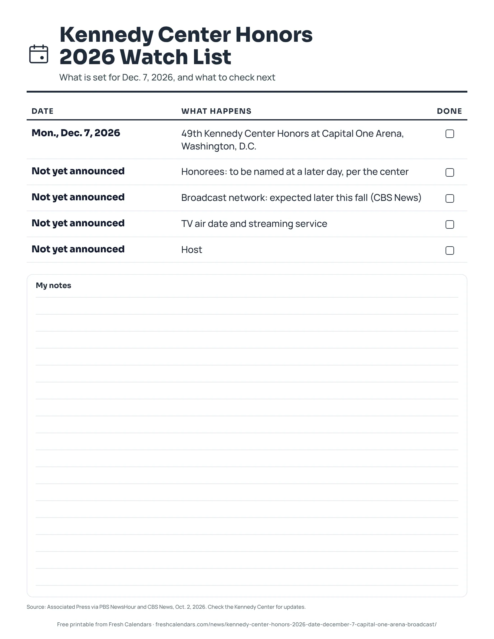 Kennedy Center Honors 2026 Watch List (ink saver) Printable watch list for the 2026 Kennedy Center Honors showing the Dec. 7 date and items not yet announced, ink-saver version