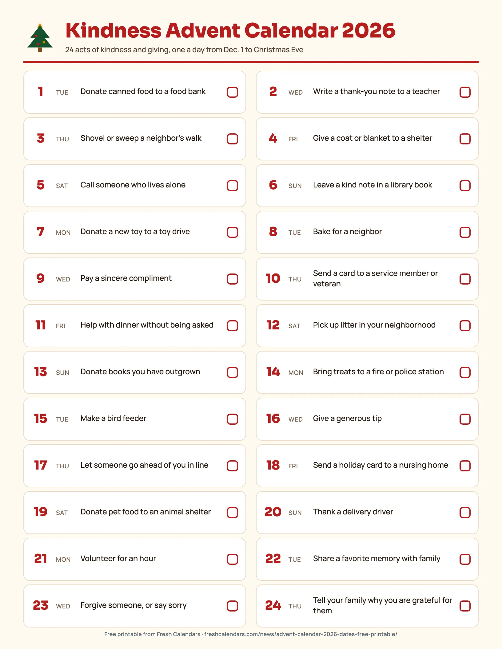 Kindness advent calendar 2026 printable with 24 acts of kindness and giving for each day of December before Christmas