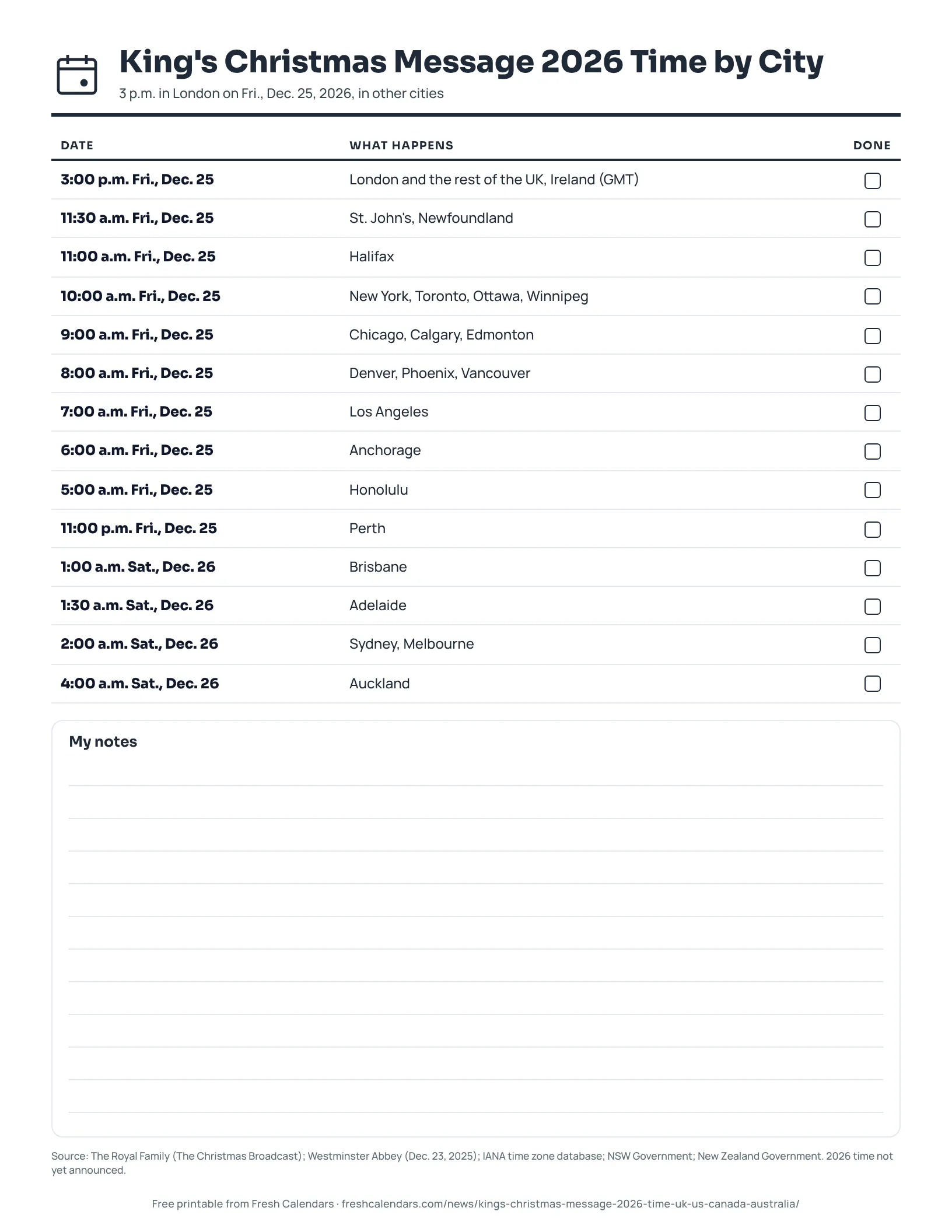 Printable list of local times for the King's Christmas message on Dec. 25, 2026, ink-saver version