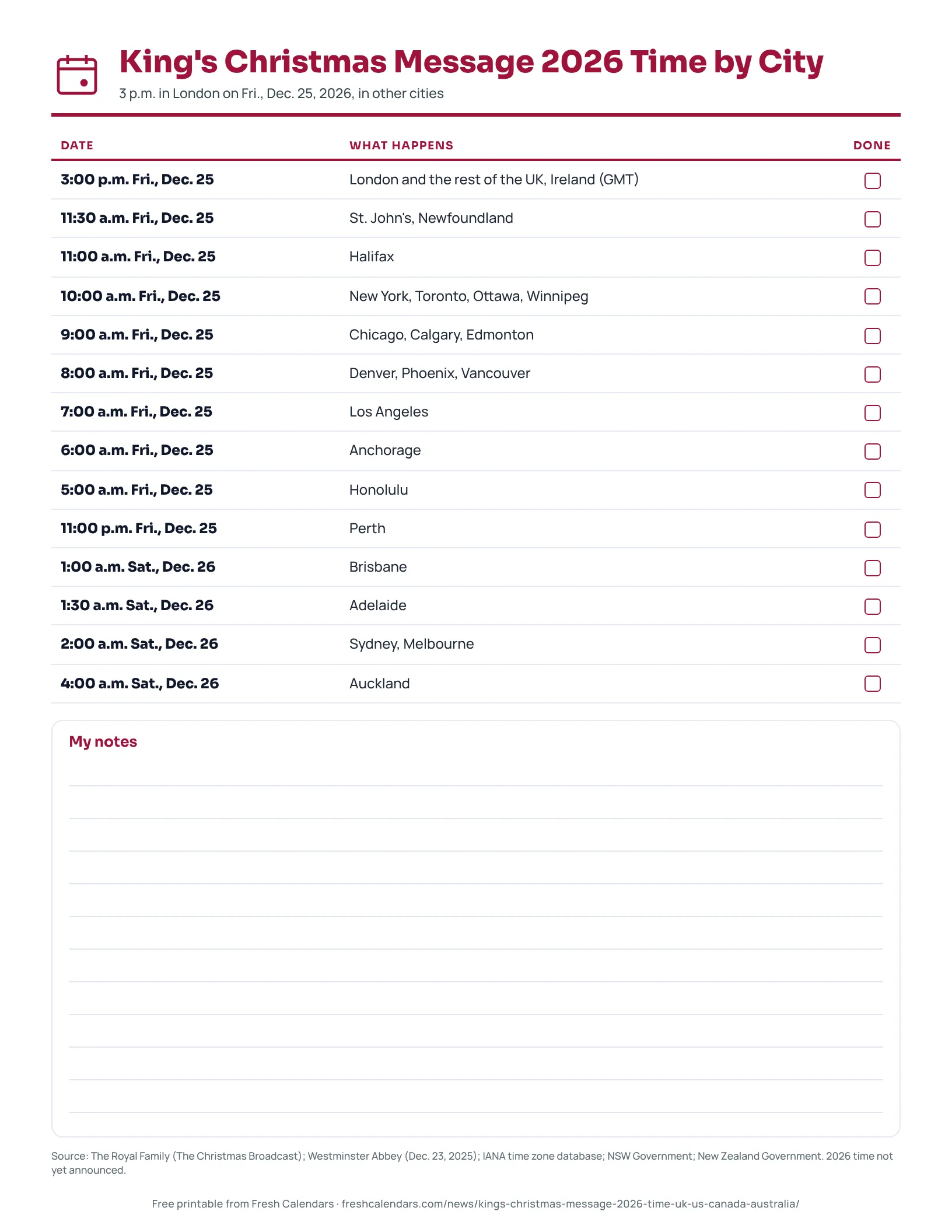 Printable list of local times for the King's Christmas message on Dec. 25, 2026