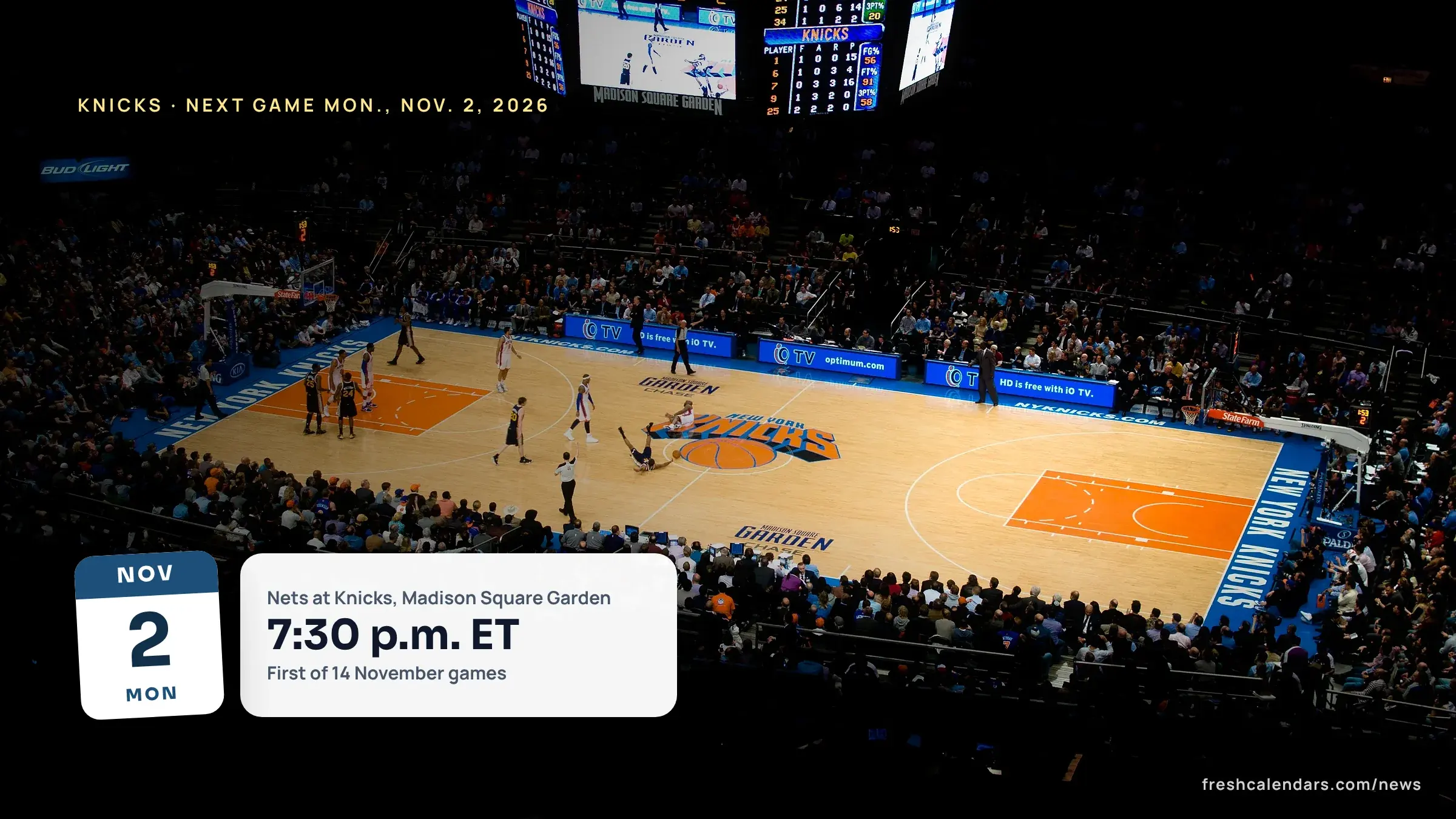Knicks schedule November 2026: a Knicks home game at Madison Square Garden seen from the upper seats