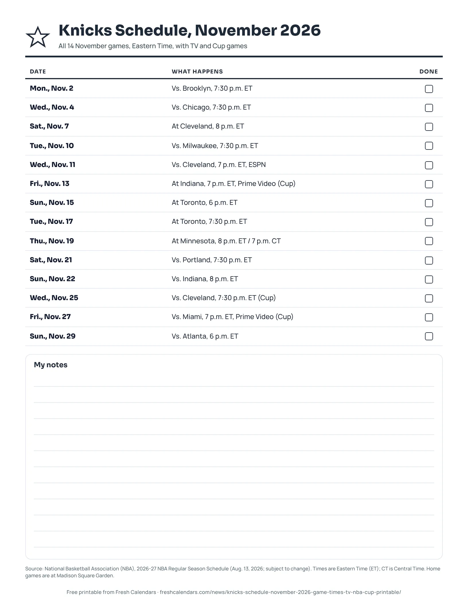 Knicks Schedule, November 2026 (ink saver) Printable Knicks schedule for November 2026 listing 14 games with Eastern Time start times, ink-saver version