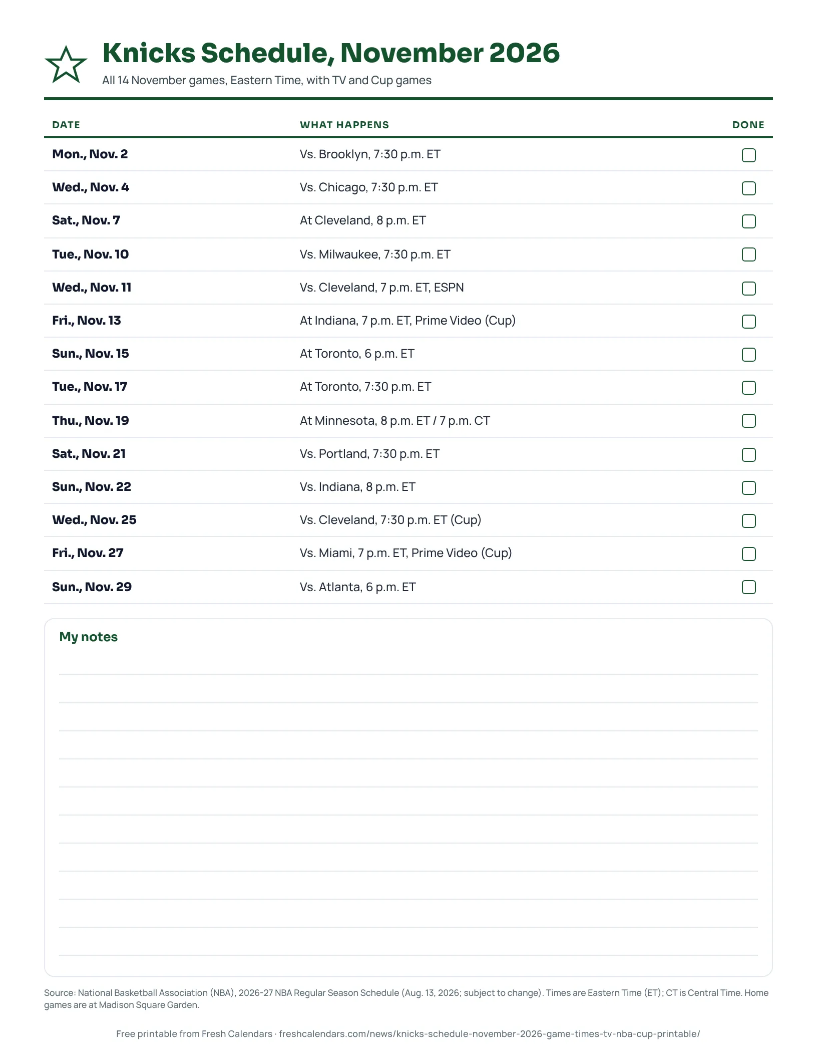 Knicks Schedule, November 2026 Printable Knicks schedule for November 2026 listing 14 games with Eastern Time start times
