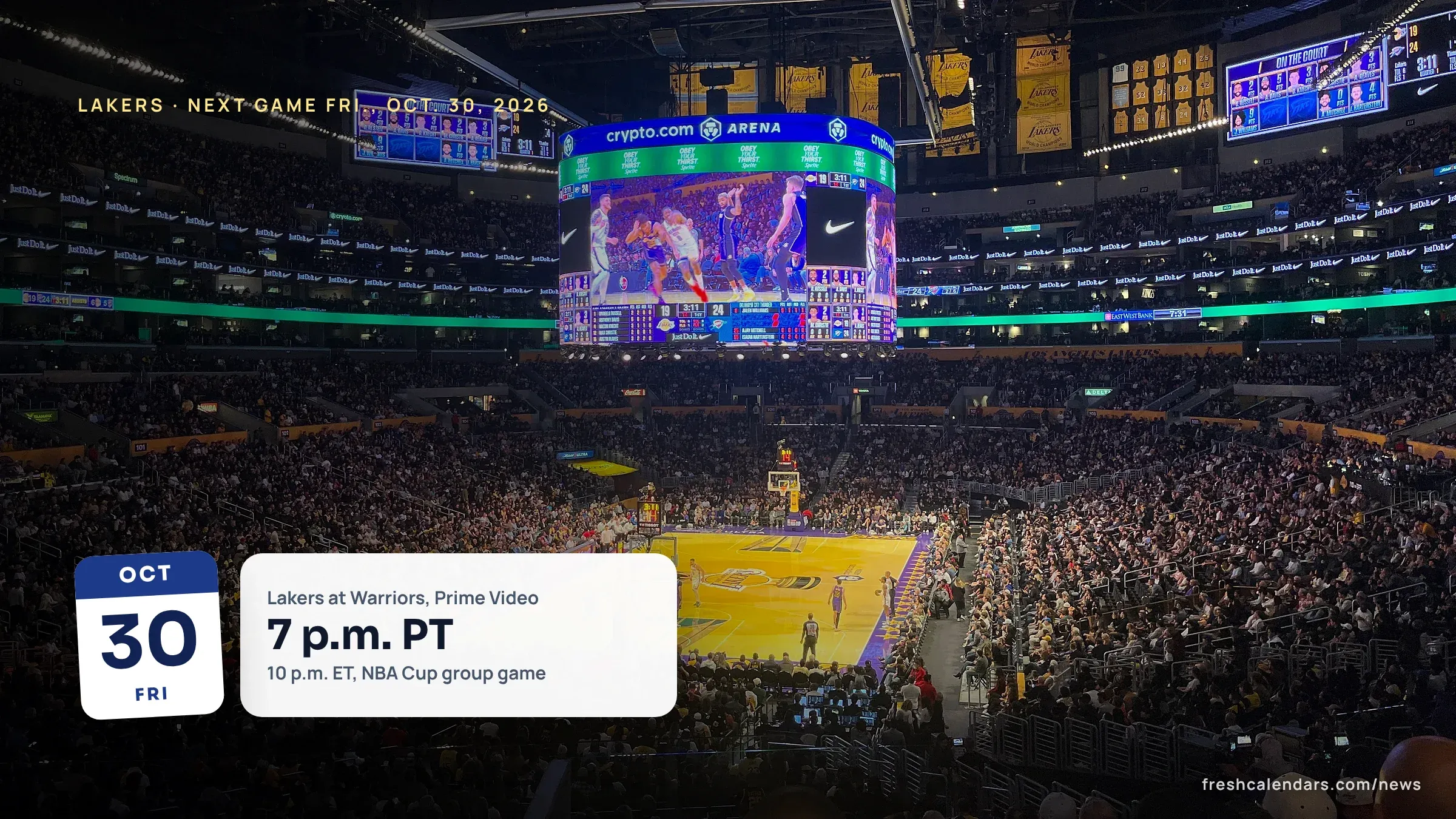 Lakers Schedule November 2026: Game Times in PT and ET, TV and NBA Cup Games Lakers schedule November 2026: the interior of Crypto.com Arena in Los Angeles seen from the stands