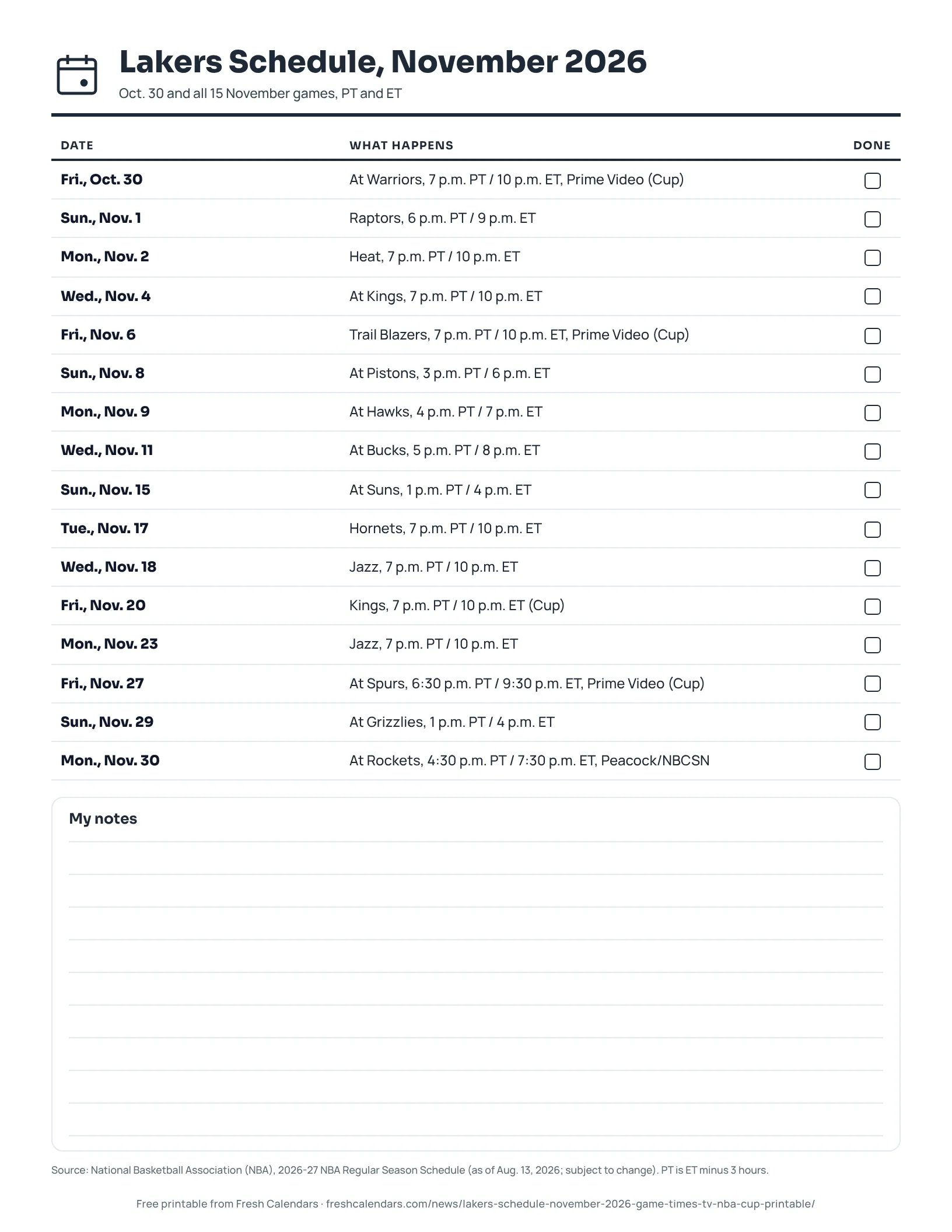 Printable Lakers schedule for November 2026 listing 16 games with Pacific and Eastern Time start times, ink-saver version