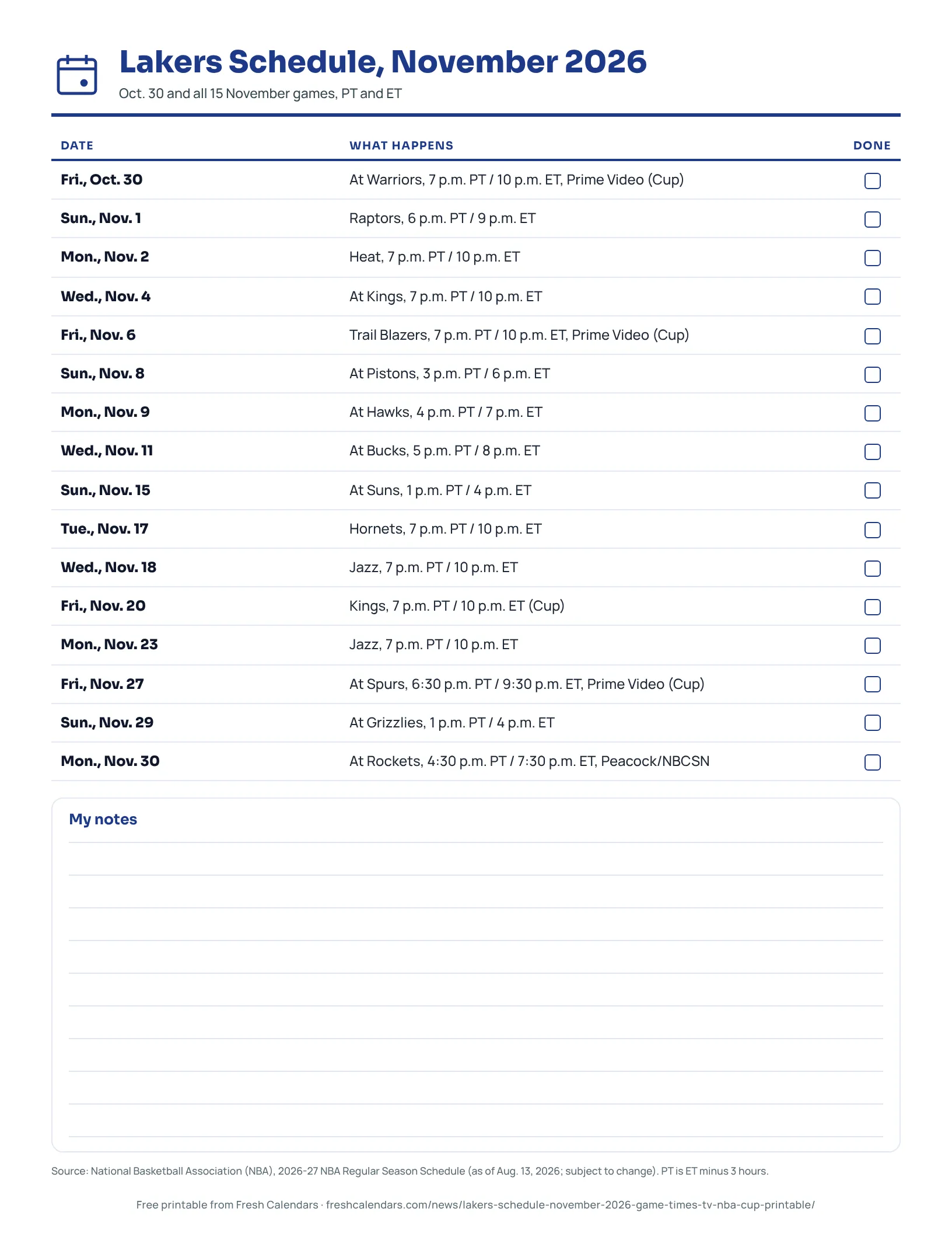 Printable Lakers schedule for November 2026 listing 16 games with Pacific and Eastern Time start times