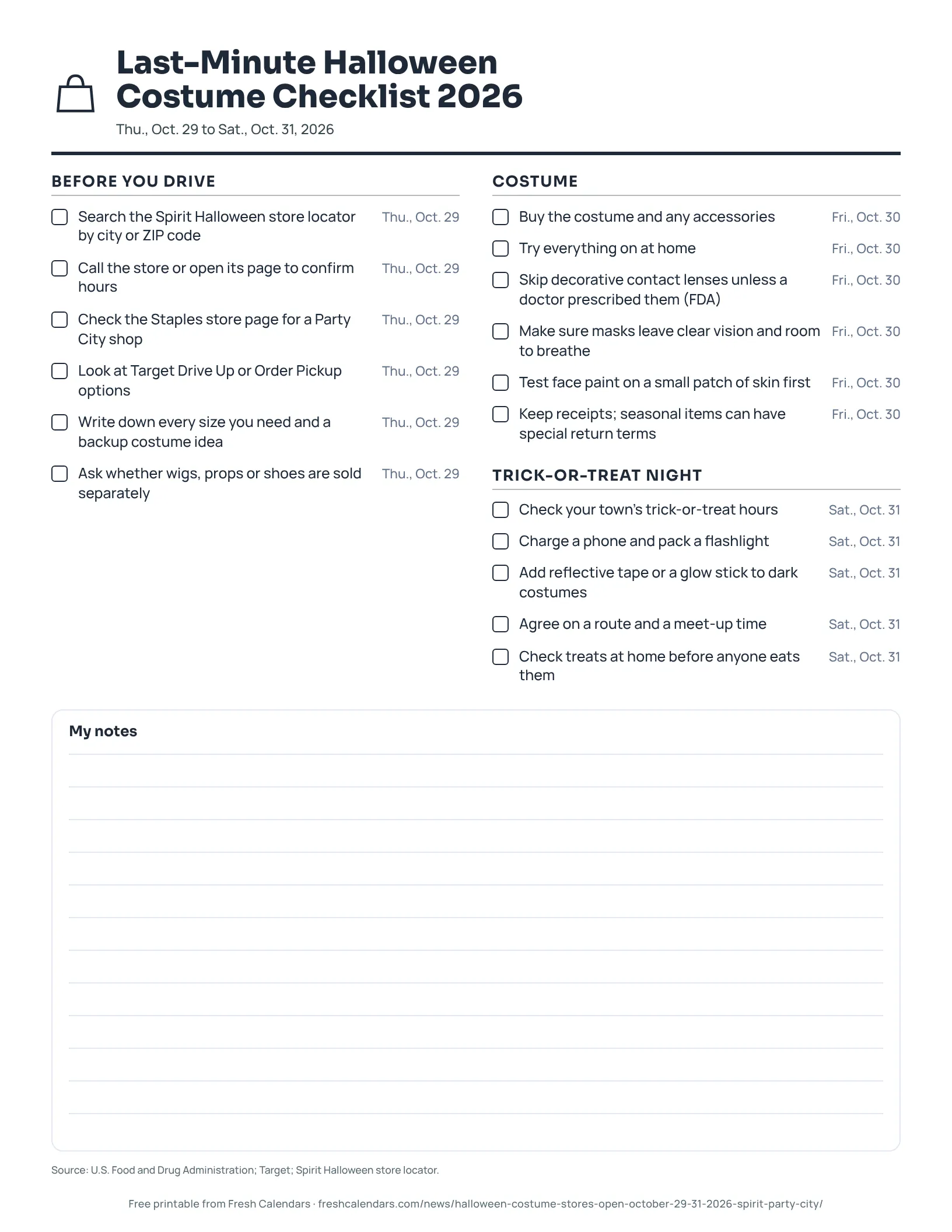 Last-Minute Halloween Costume Checklist 2026 (ink saver) Printable checklist for Halloween costume shopping from Thursday, Oct. 29 to Saturday, Oct. 31, 2026, ink-saver version