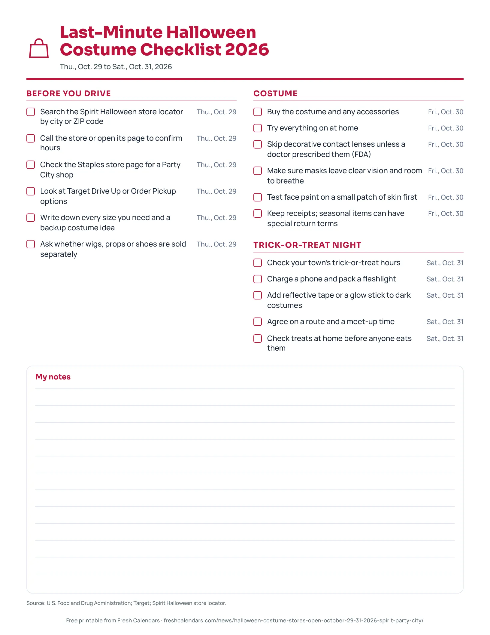 Last-Minute Halloween Costume Checklist 2026 Printable checklist for Halloween costume shopping from Thursday, Oct. 29 to Saturday, Oct. 31, 2026