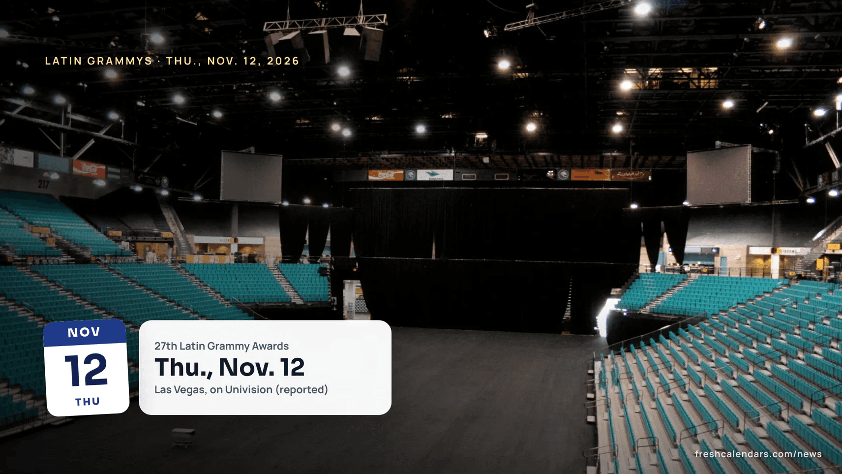 Latin Grammys 2026: the empty floor and teal seats of the Grand Garden Arena in Las Vegas
