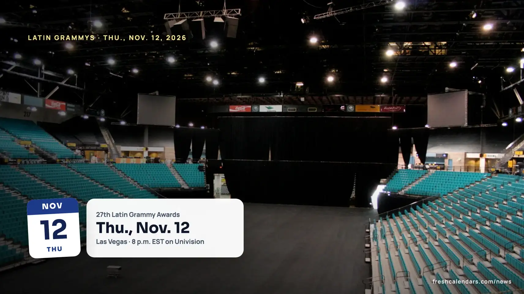 Latin Grammys 2026: the empty floor and teal seats of the MGM Grand Garden Arena in Las Vegas
