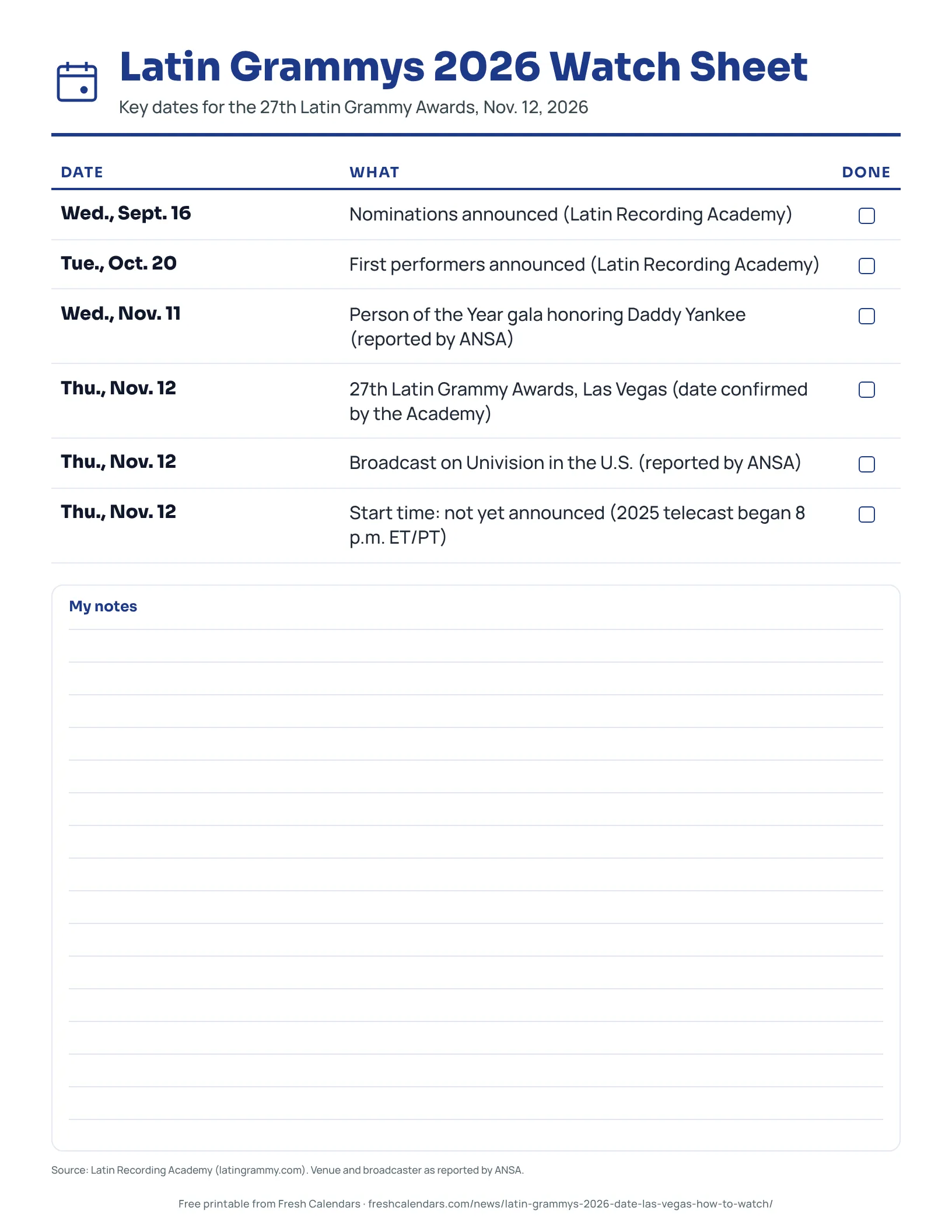 Printable Latin Grammys 2026 watch sheet with the key dates, venue and broadcaster