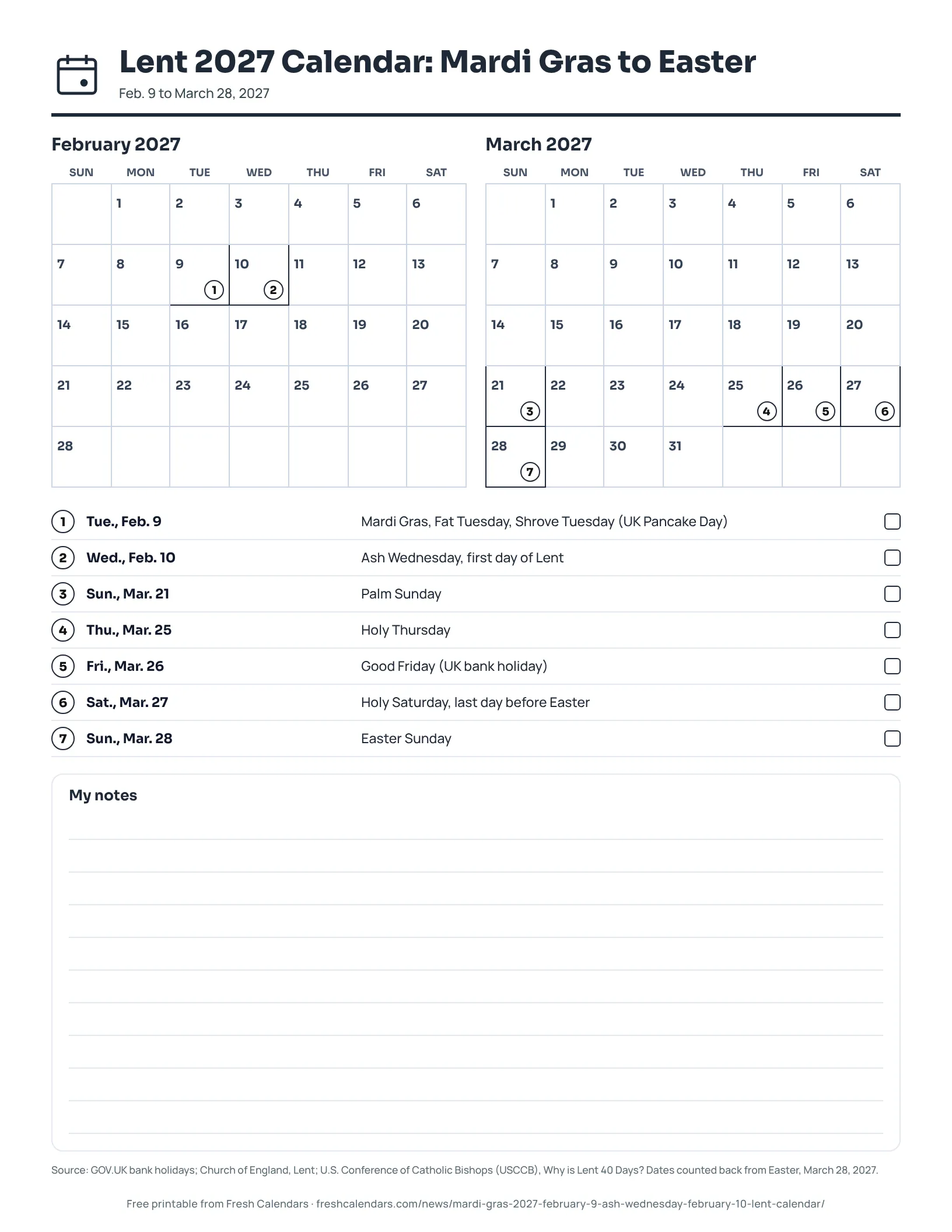 Lent 2027 Calendar: Mardi Gras to Easter (ink saver) Two-month calendar for February and March 2027 with Mardi Gras, Ash Wednesday, Holy Week and Easter marked, ink-saver version