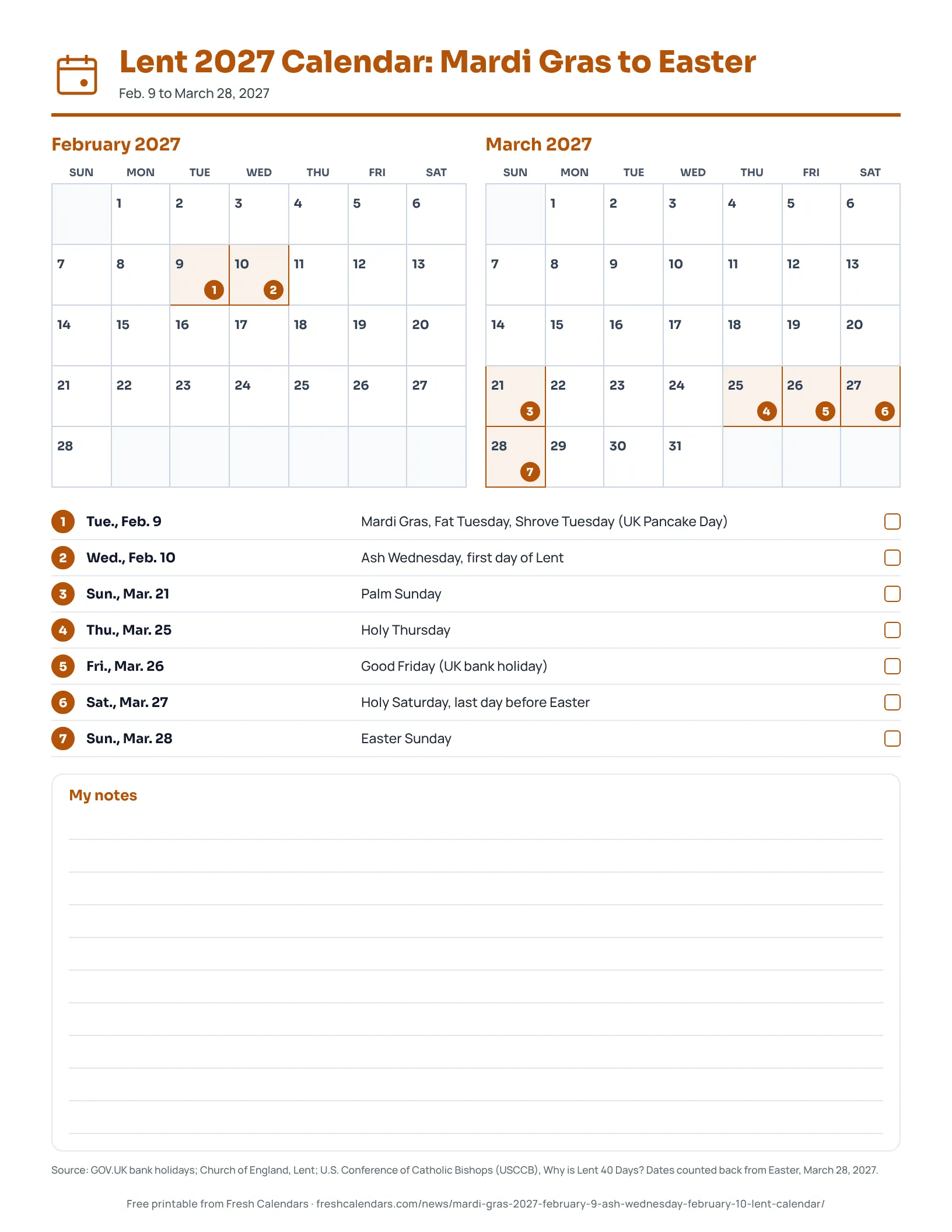 Lent 2027 Calendar: Mardi Gras to Easter Two-month calendar for February and March 2027 with Mardi Gras, Ash Wednesday, Holy Week and Easter marked