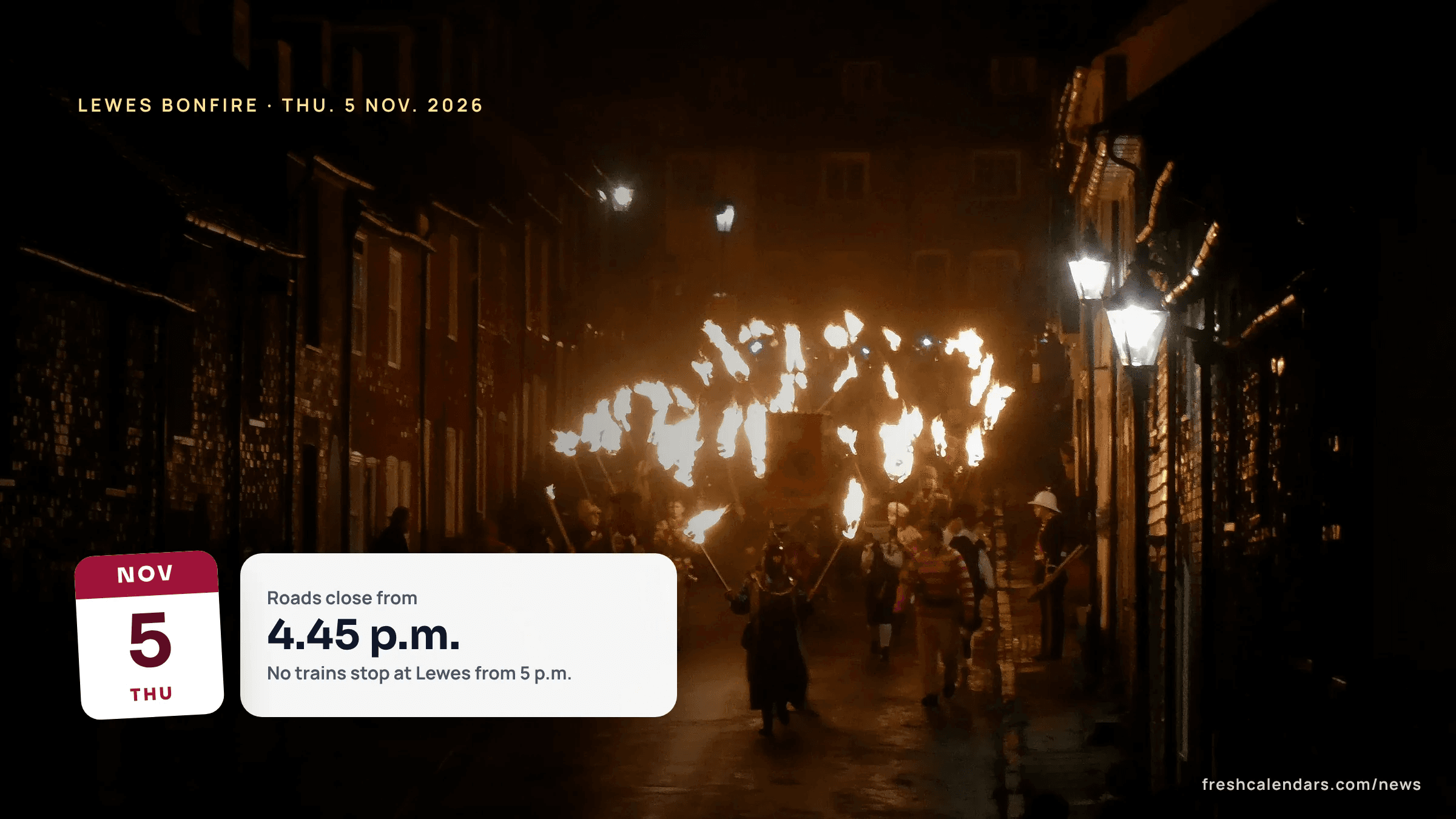 Lewes Bonfire 2026: a bonfire society procession walking along Sun Street in Lewes
