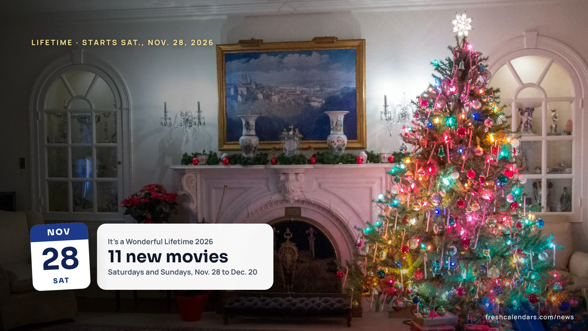 Lifetime Christmas movies 2026: a brightly lit Christmas tree beside a decorated fireplace in a living room