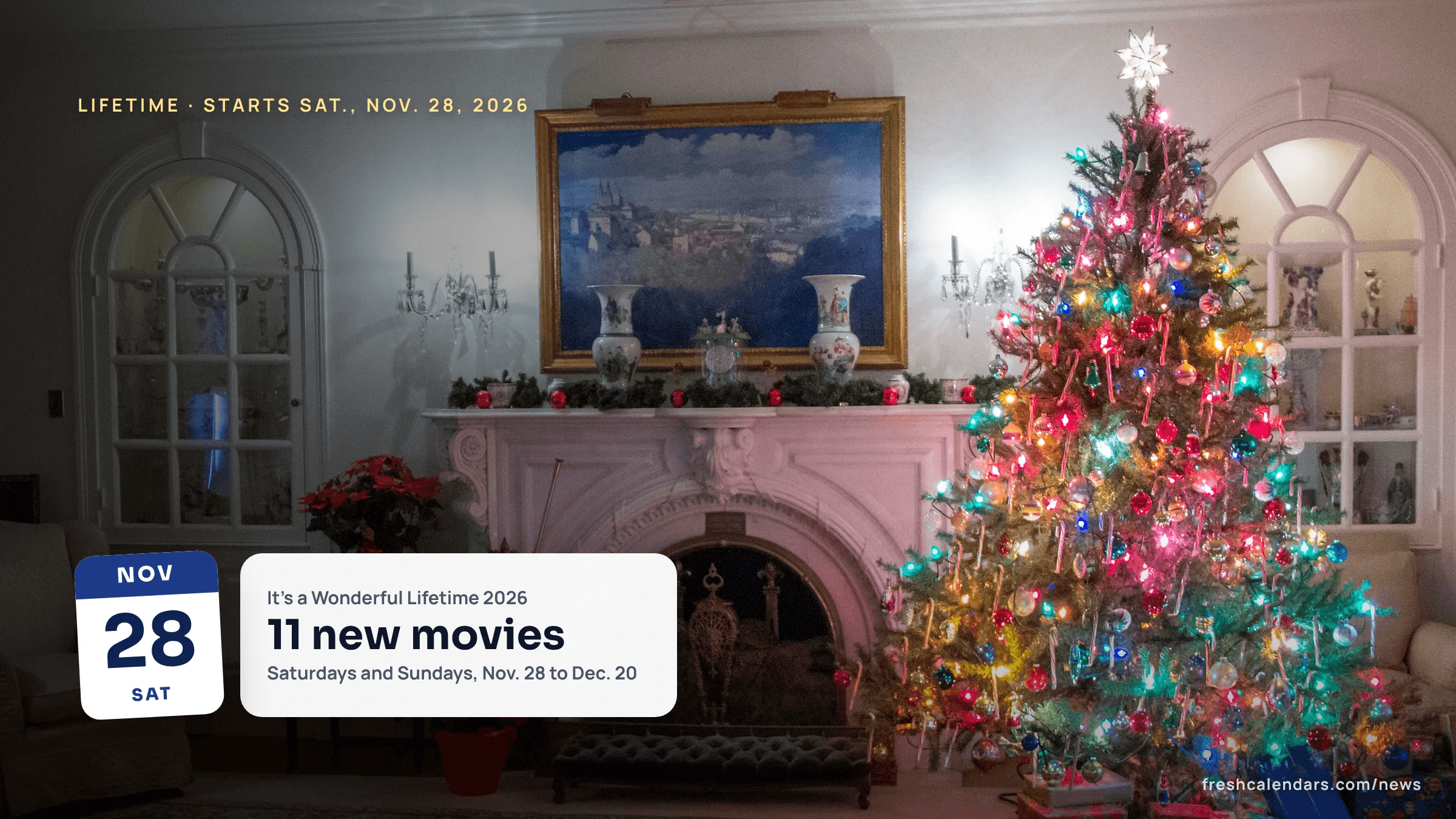 Lifetime Christmas movies 2026: a brightly lit Christmas tree beside a decorated fireplace in a living room