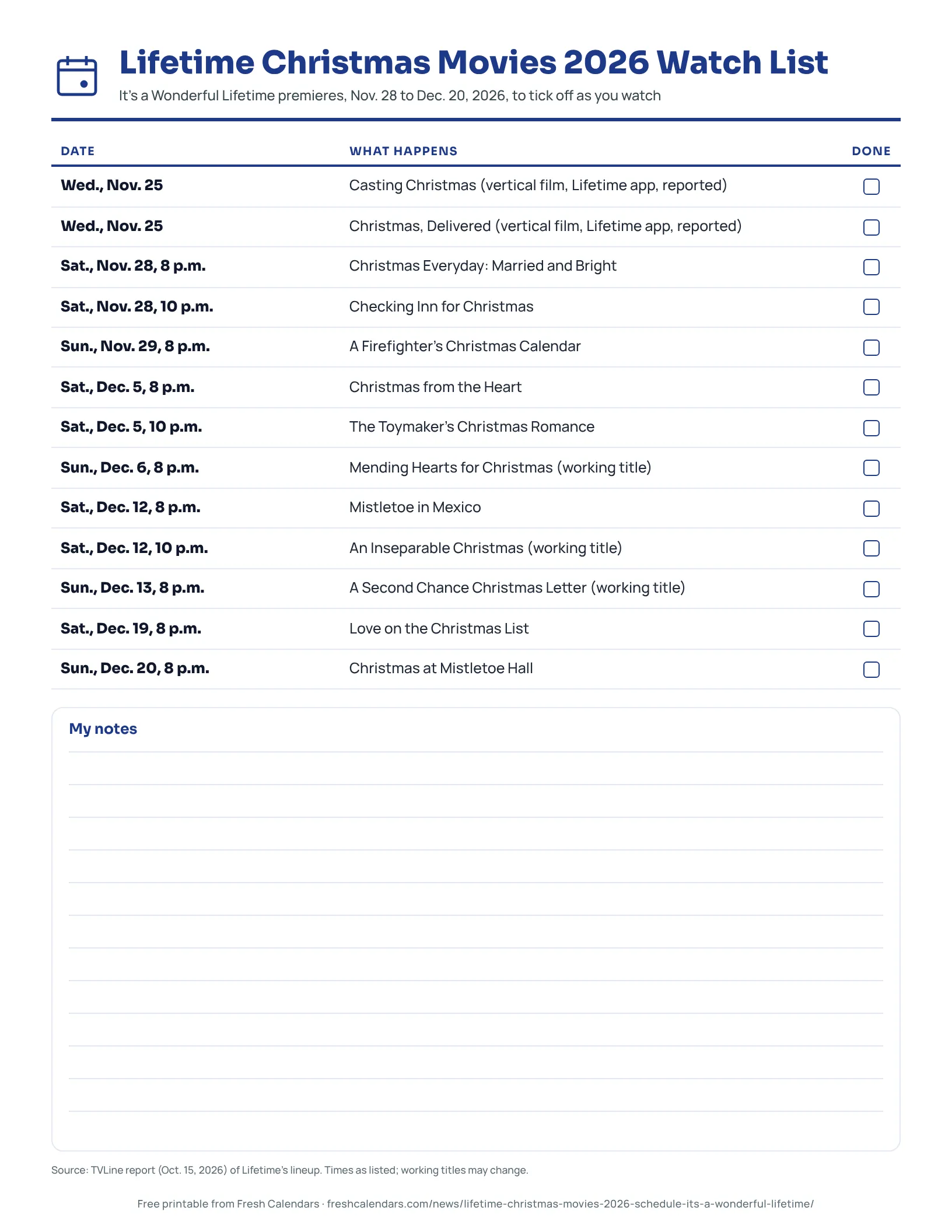 Lifetime Christmas Movies 2026 Watch List Printable Lifetime Christmas movies 2026 watch list with the date, time and title of 11 new movies and a tick box for each