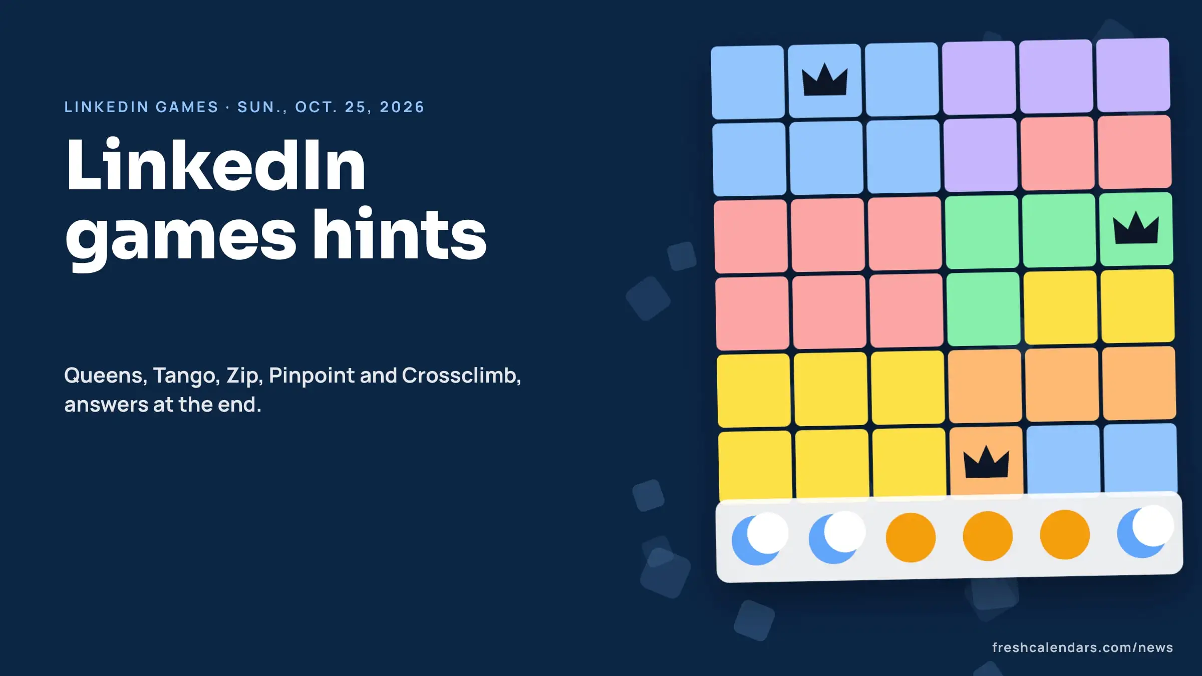 LinkedIn games answers for Oct. 25, 2026: a Queens board of colored regions with crowns and a row of Tango suns and moons, no solution shown