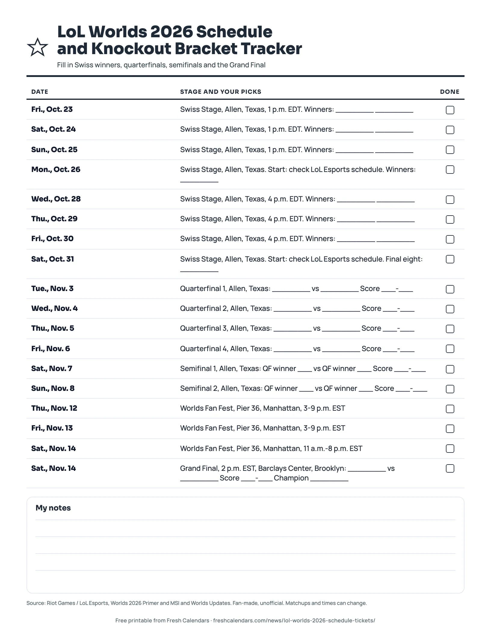 Printable LoL Worlds 2026 schedule and knockout bracket tracker with blanks for each stage winner and the final score, ink-saver version