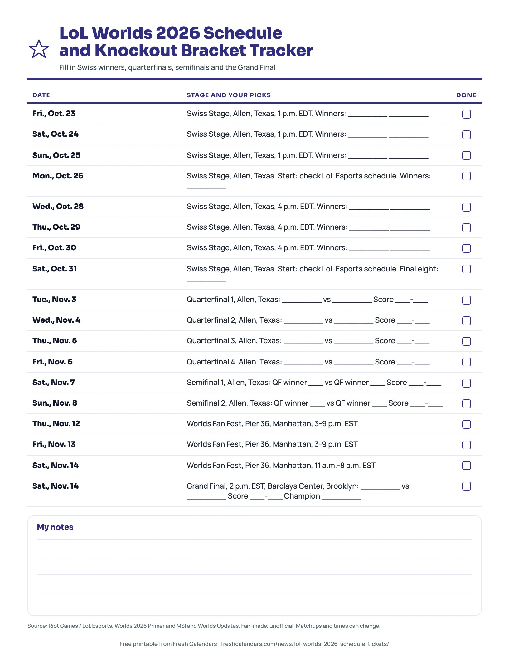 Printable LoL Worlds 2026 schedule and knockout bracket tracker with blanks for each stage winner and the final score