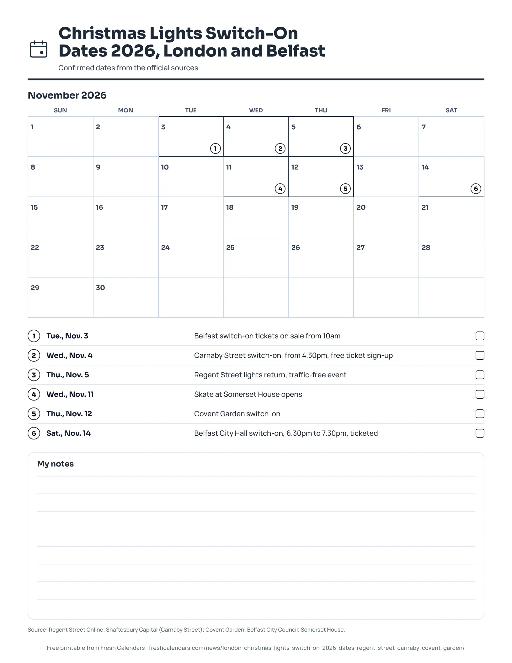 Printable calendar of 2026 Christmas lights switch-on dates in London and Belfast, ink-saver version
