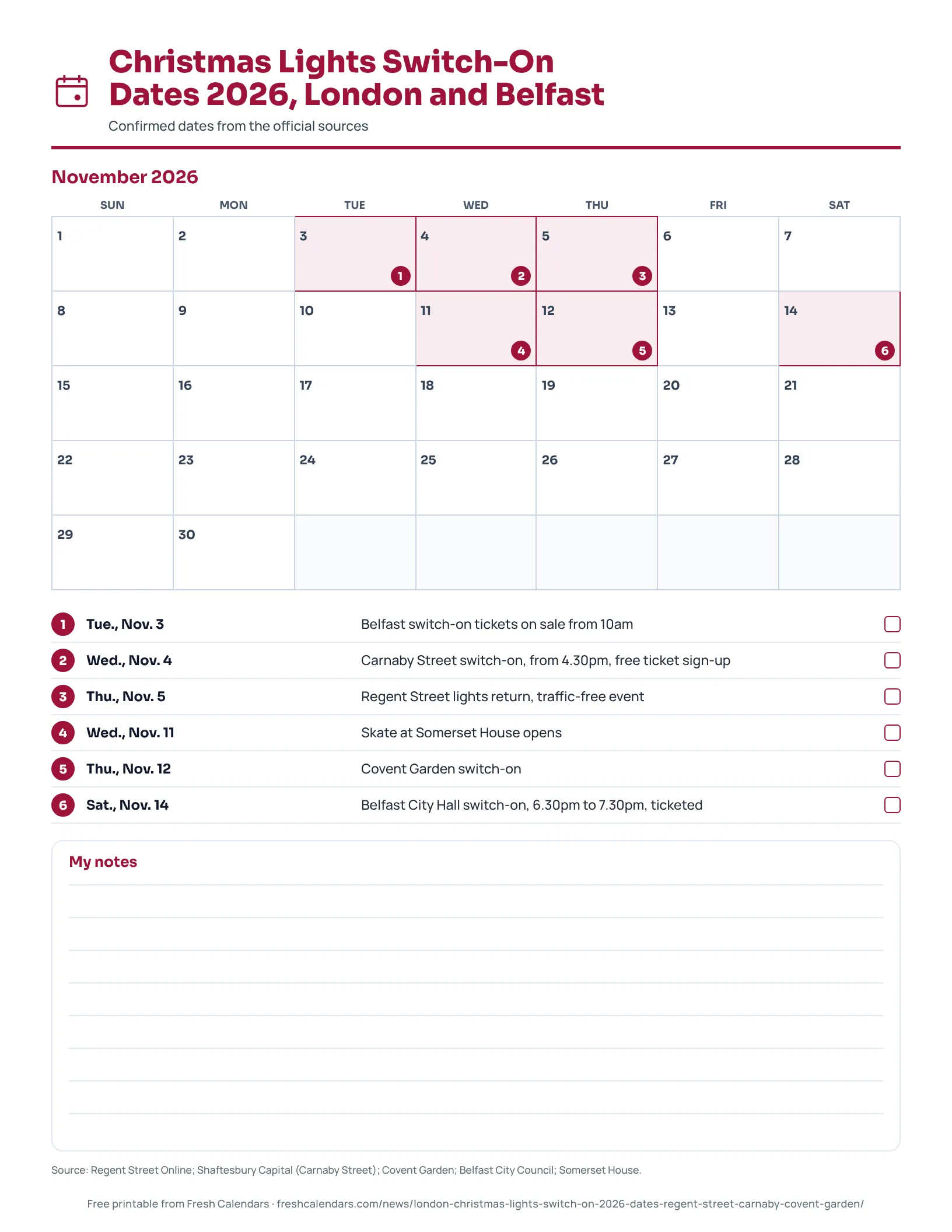 Printable calendar of 2026 Christmas lights switch-on dates in London and Belfast.