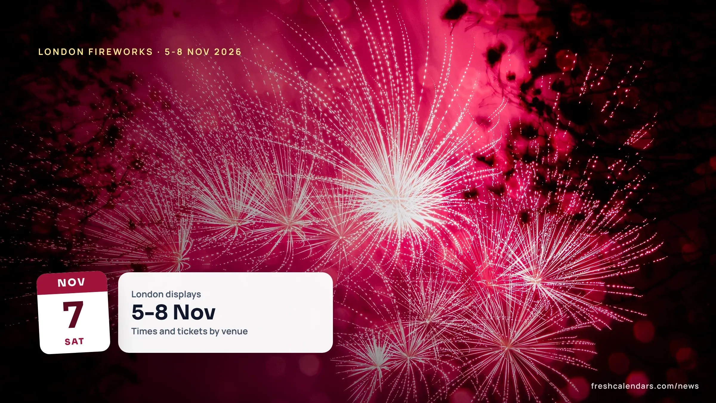London Fireworks 2026: Battersea, Alexandra Palace, Blackheath and Wimbledon Times and Tickets London fireworks 2026: pink and white fireworks bursting over a London park display
