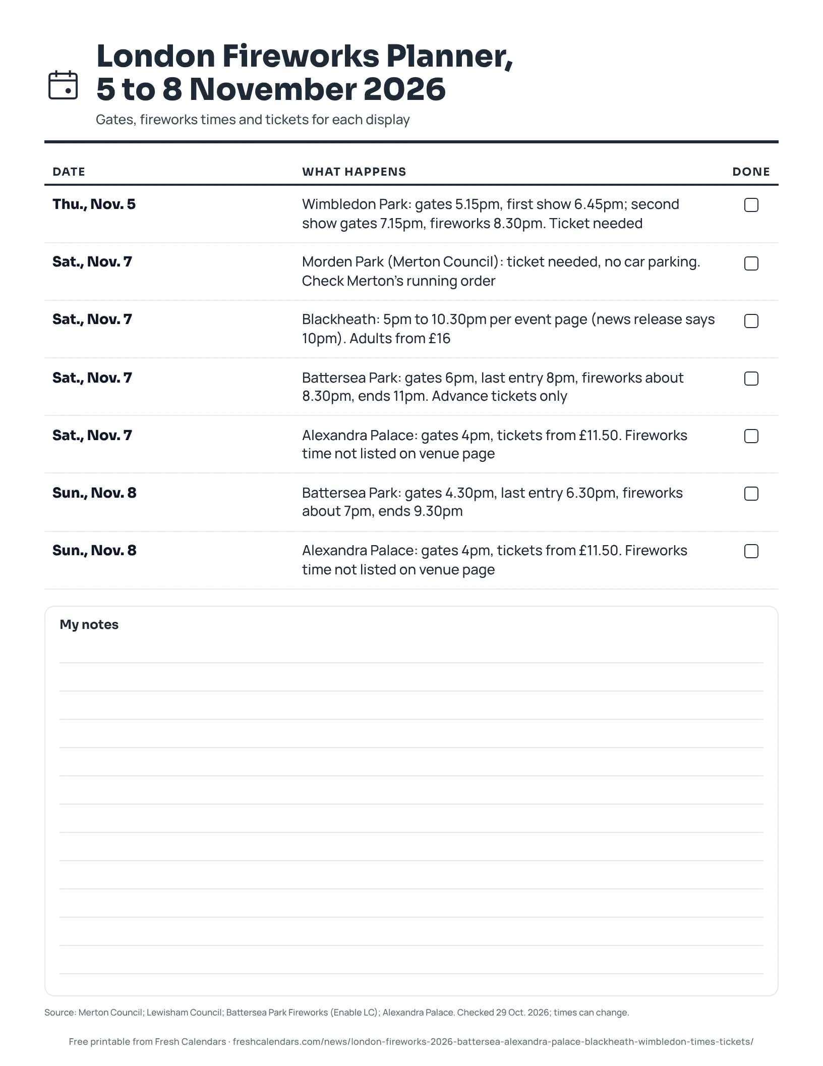 London Fireworks Planner, 5 to 8 November 2026 (ink saver) Printable London fireworks planner for 5 to 8 November 2026 listing each display with gates and fireworks times., ink-saver version
