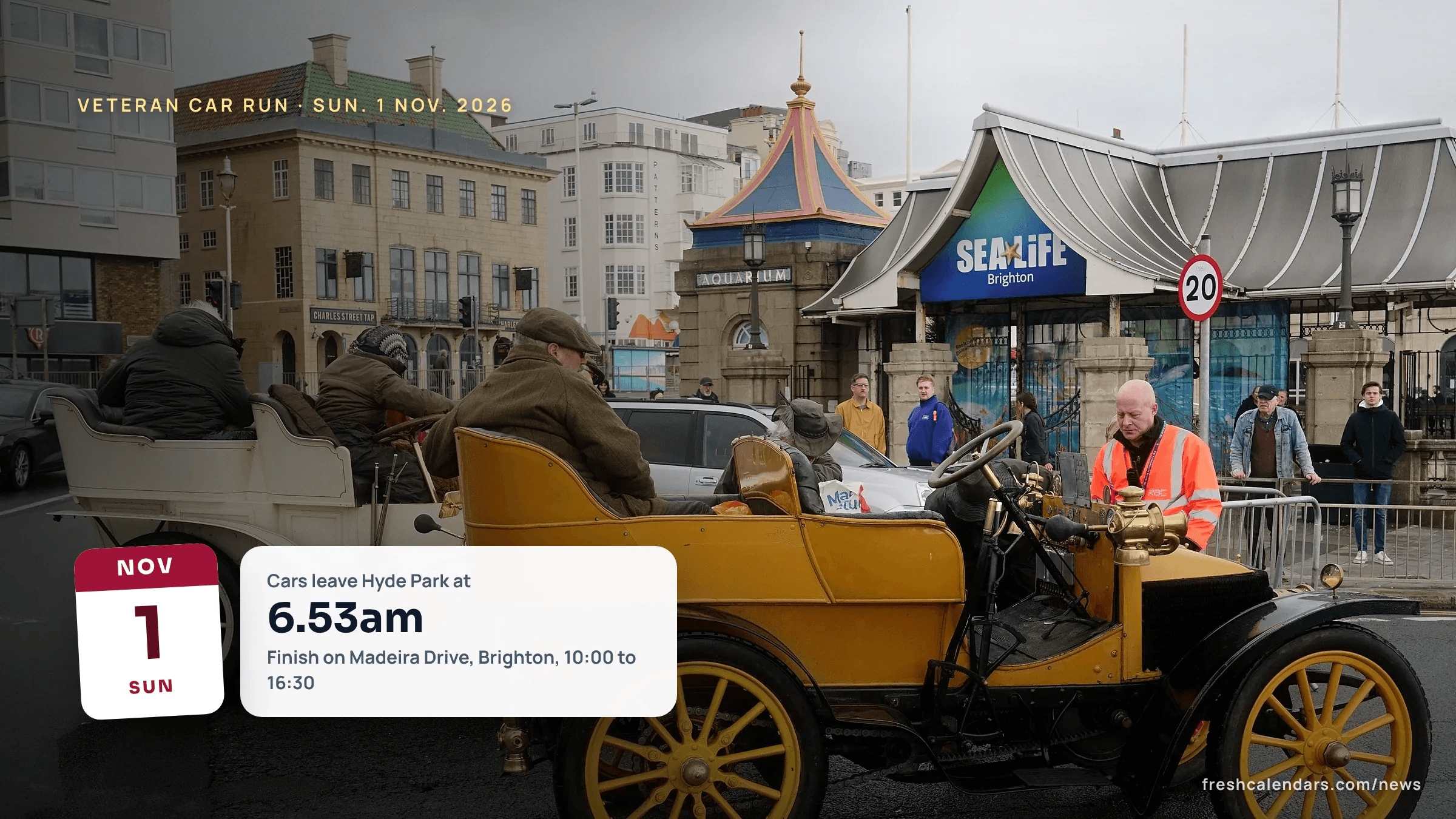 A yellow Wolseley veteran car at the Brighton finish of the London to Brighton Veteran Car Run in 2022; the 2026 run starts Sunday 1 November