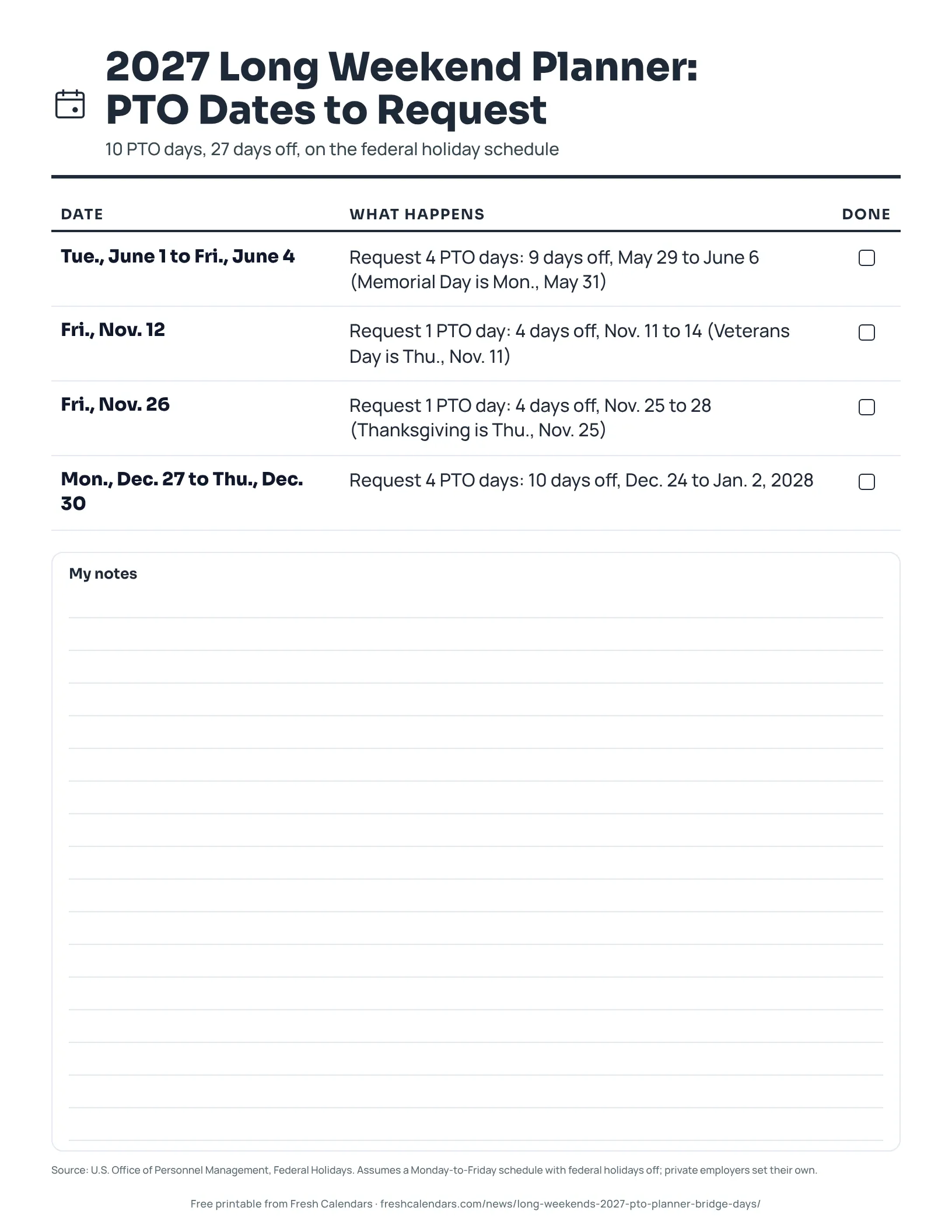 2027 long weekend planner listing four PTO requests with dates and the days off each one creates, ink-saver version
