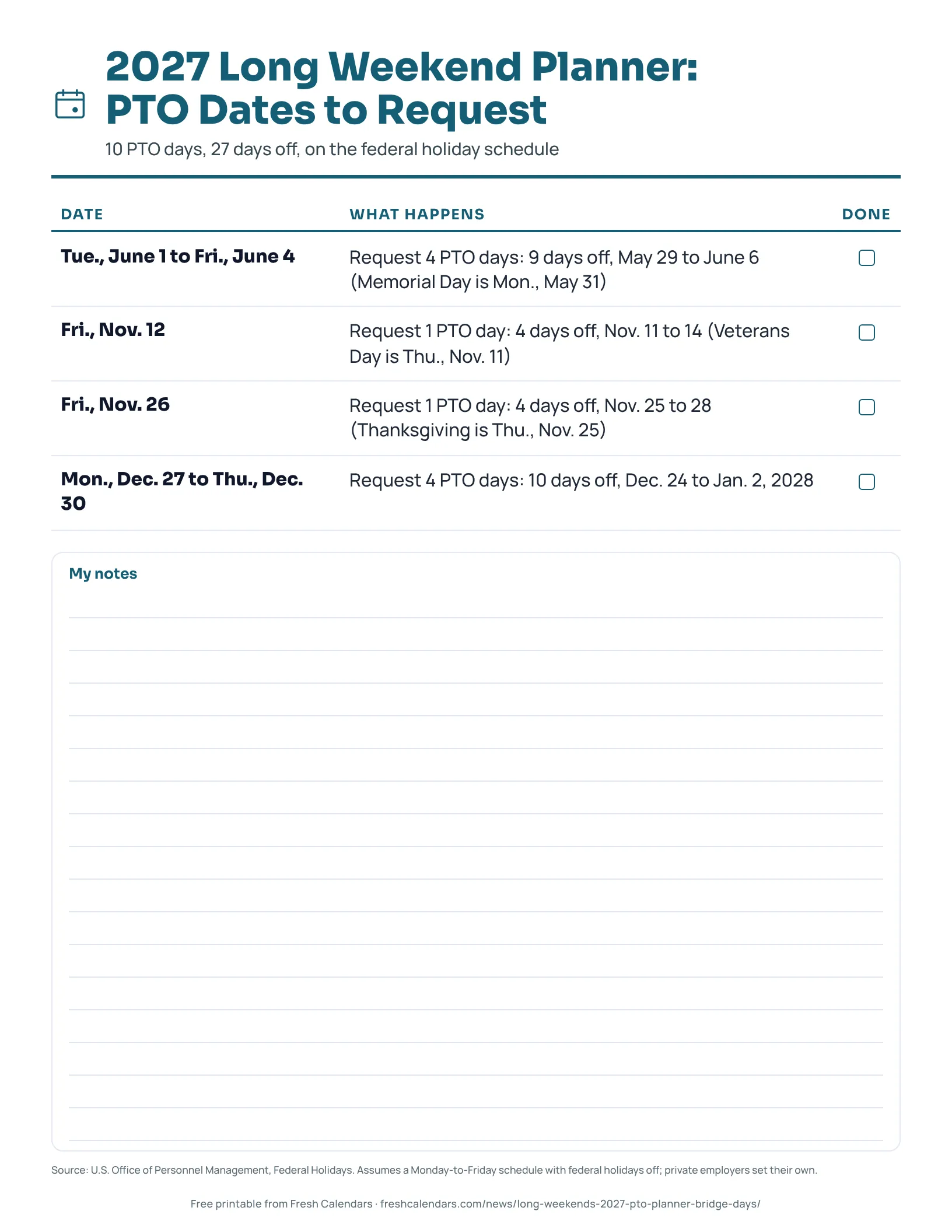 2027 long weekend planner listing four PTO requests with dates and the days off each one creates