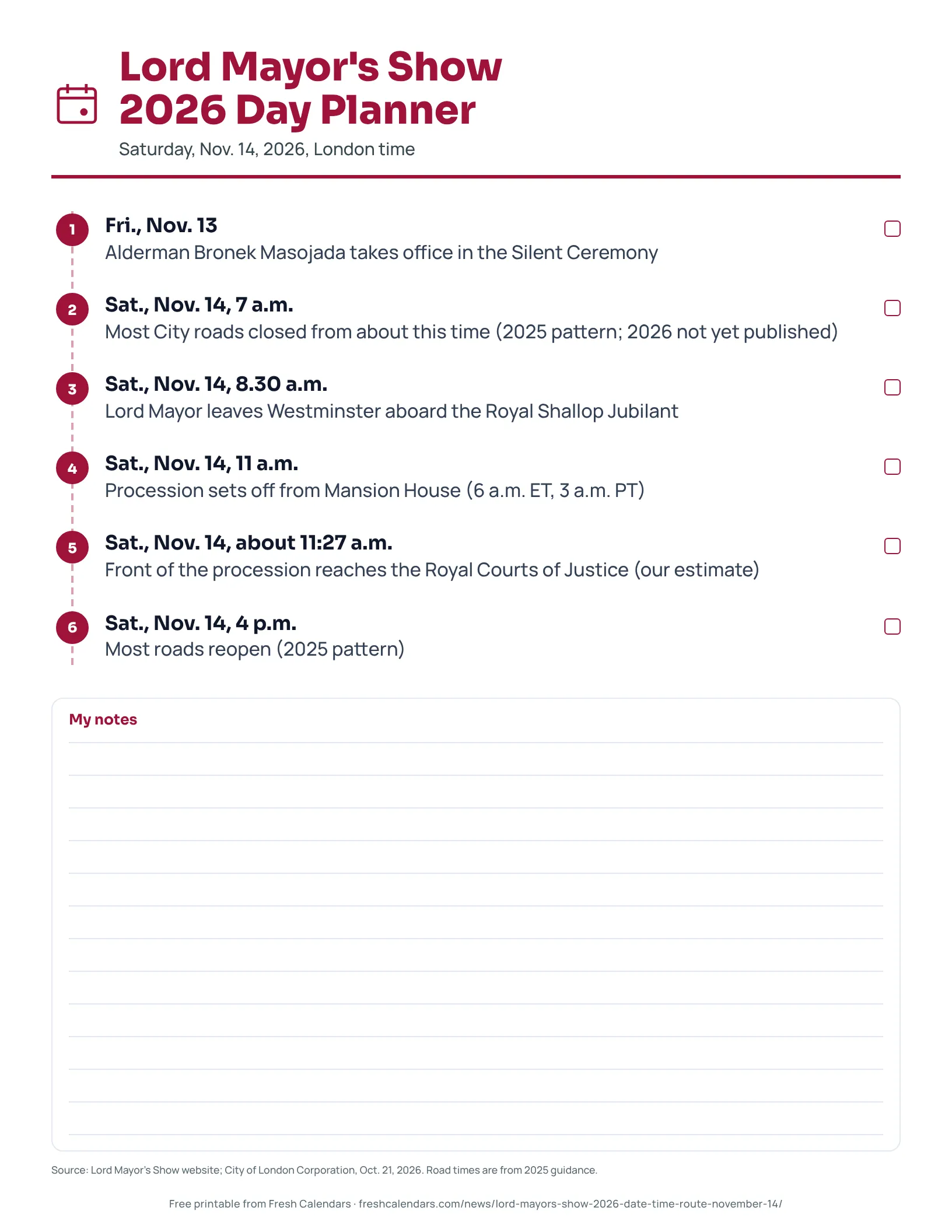 Lord Mayor's Show 2026 Day Planner Printable Lord Mayor's Show 2026 day planner with times from the Thames departure to road reopening.