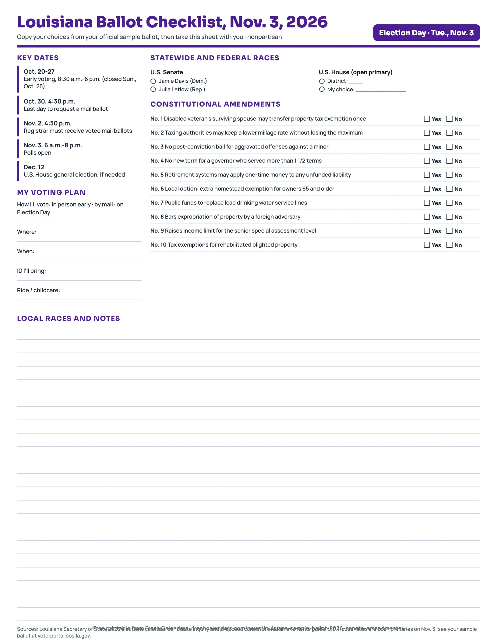 Louisiana ballot checklist 2026 printable with the U.S. Senate candidates, 10 constitutional amendments and early voting dates