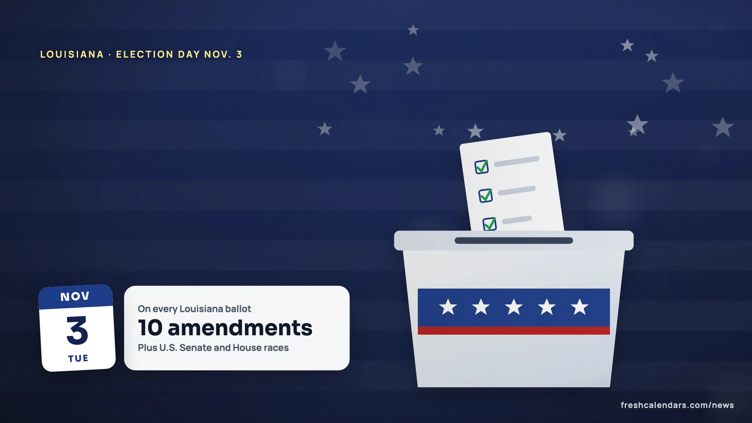 Louisiana sample ballot 2026 illustration: a ballot box scene with a Nov. 3 date tile and a card noting 10 constitutional amendments on the ballot