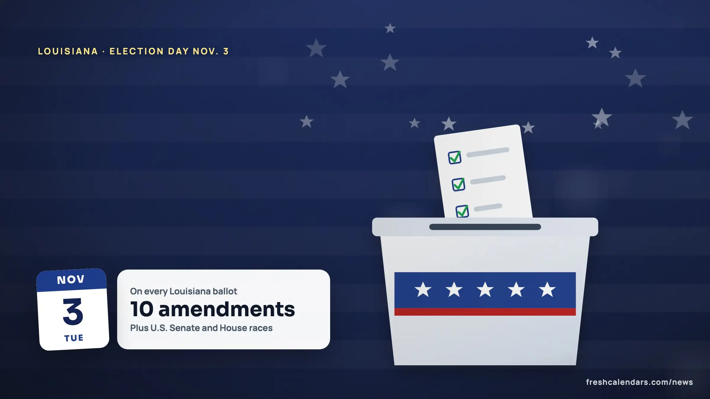 Louisiana sample ballot 2026 illustration: a ballot box scene with a Nov. 3 date tile and a card noting 10 constitutional amendments on the ballot