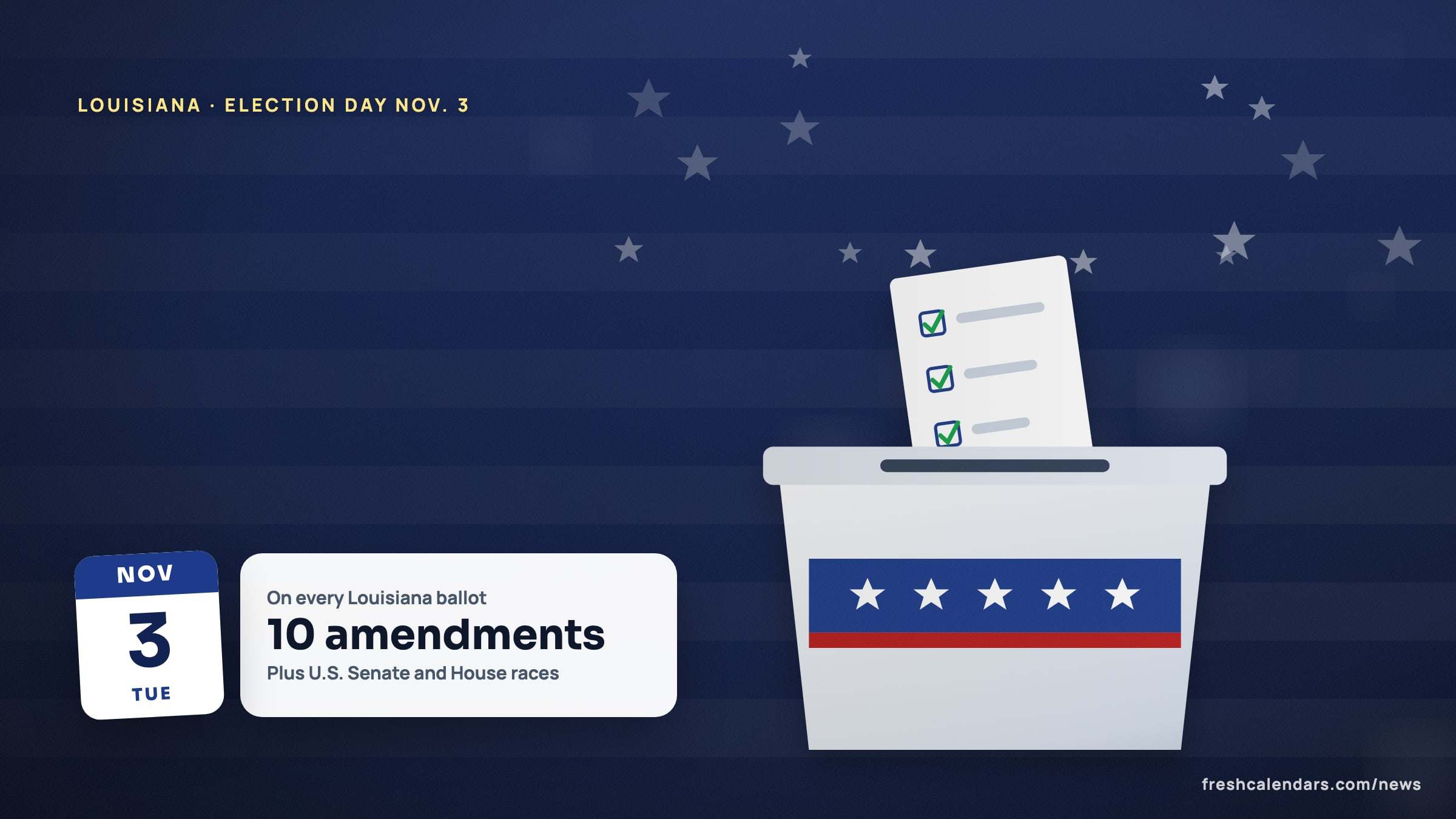 Louisiana sample ballot 2026 illustration: a ballot box scene with a Nov. 3 date tile and a card noting 10 constitutional amendments on the ballot