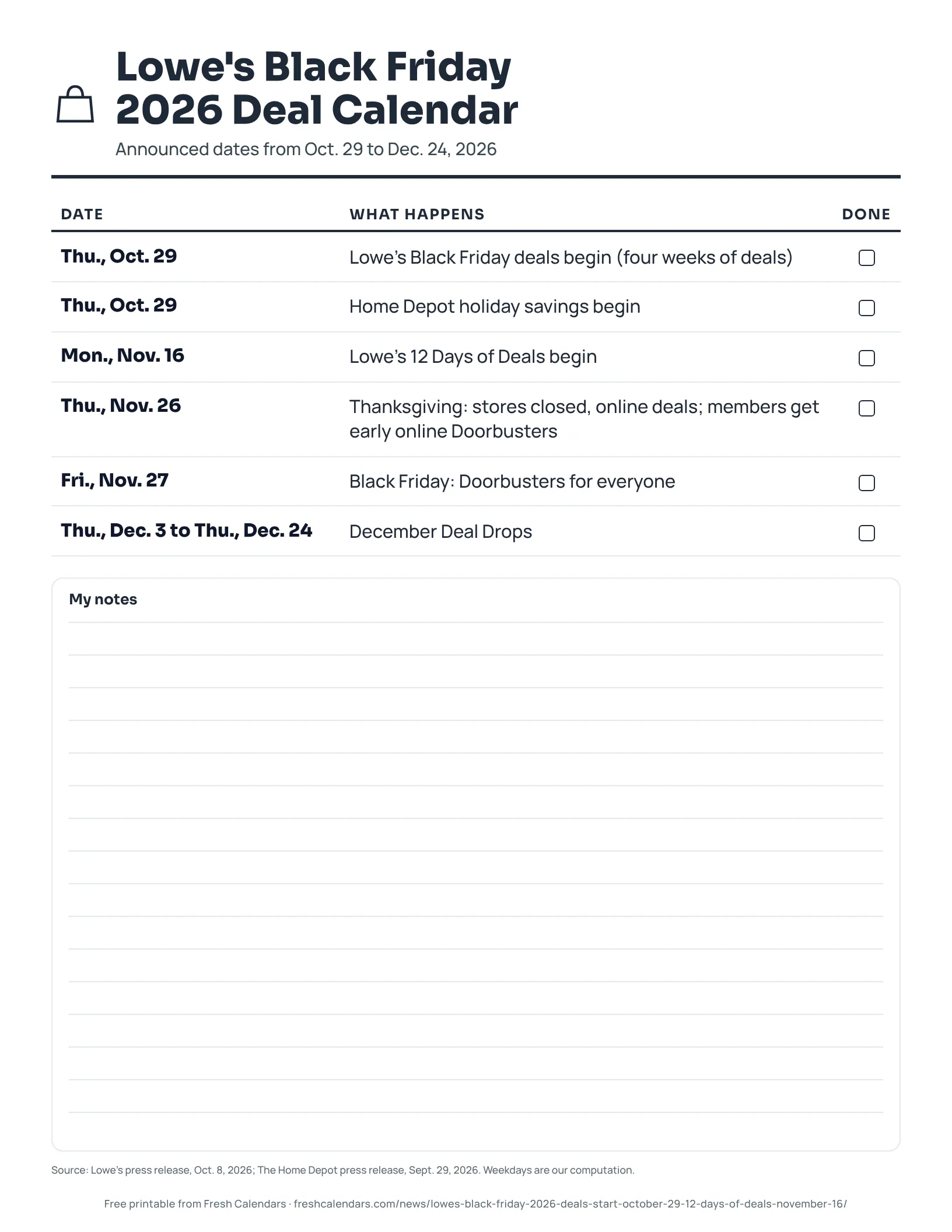 Printable list of Lowe's 2026 holiday sale dates from Oct. 29 to Dec. 24 with weekdays, ink-saver version