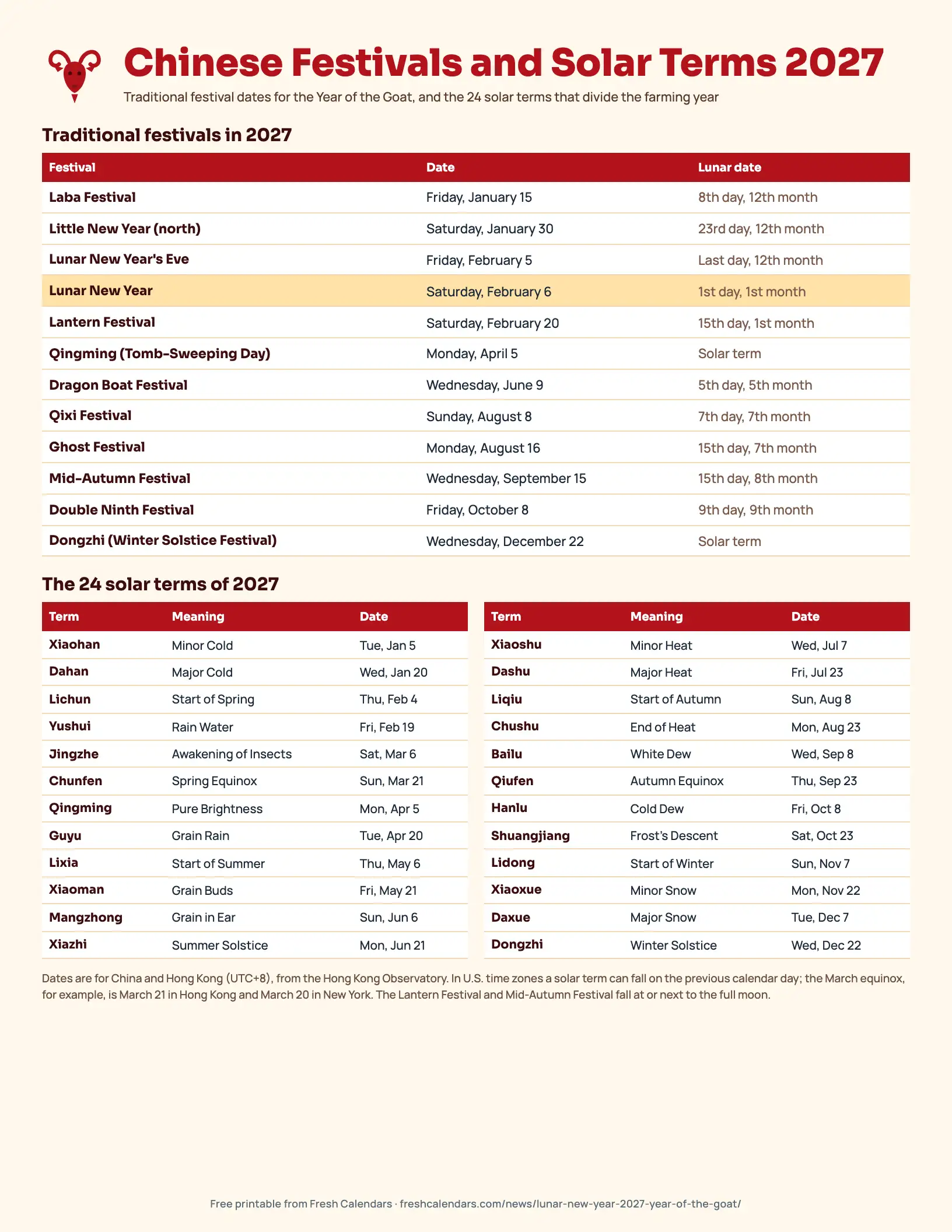 Chinese festivals and solar terms 2027 printable with dates for the Lantern, Dragon Boat and Mid-Autumn festivals