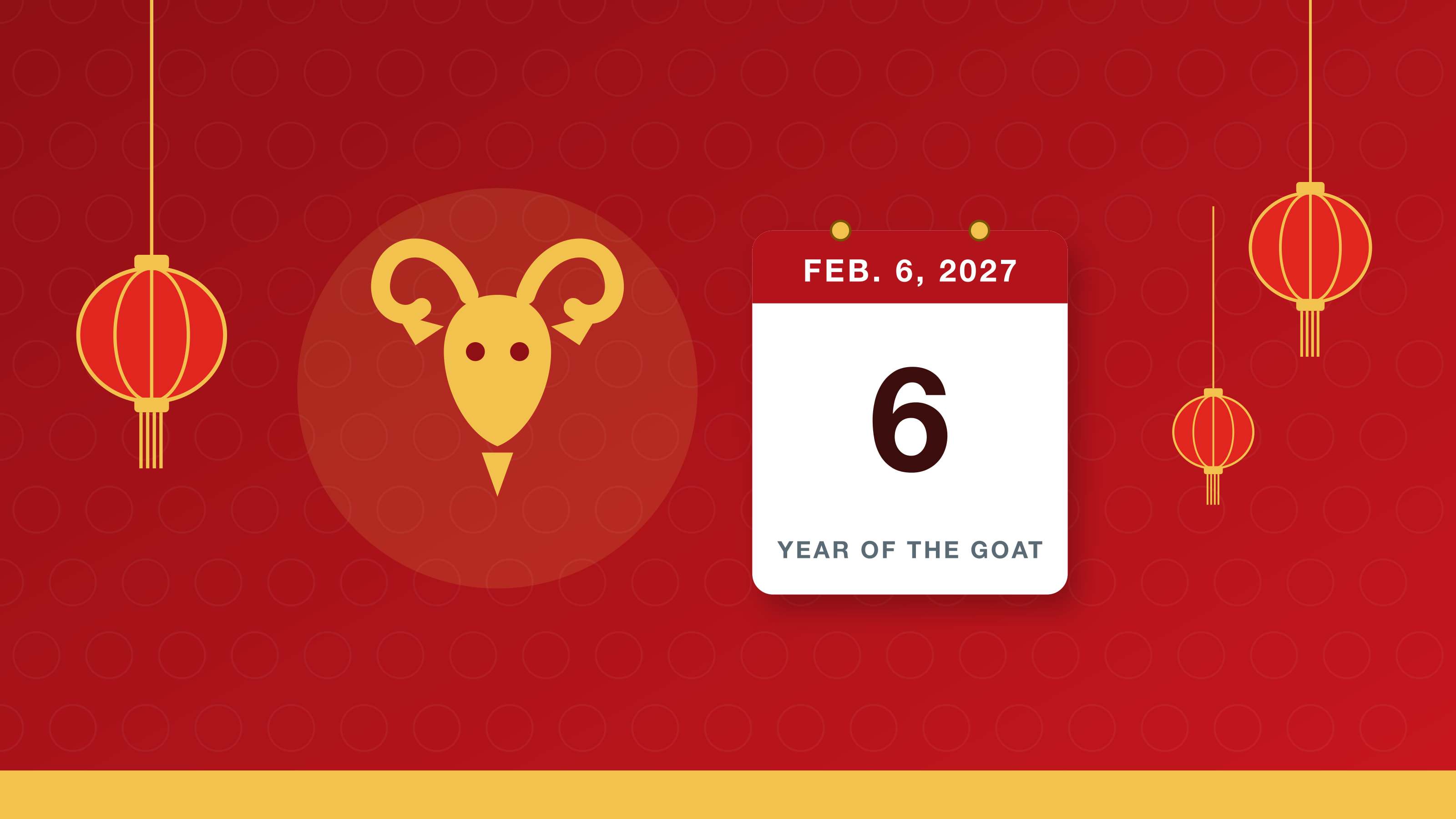 Lunar New Year 2027: a gold goat, red lanterns and a Feb. 6, 2027 calendar card reading Year of the Goat